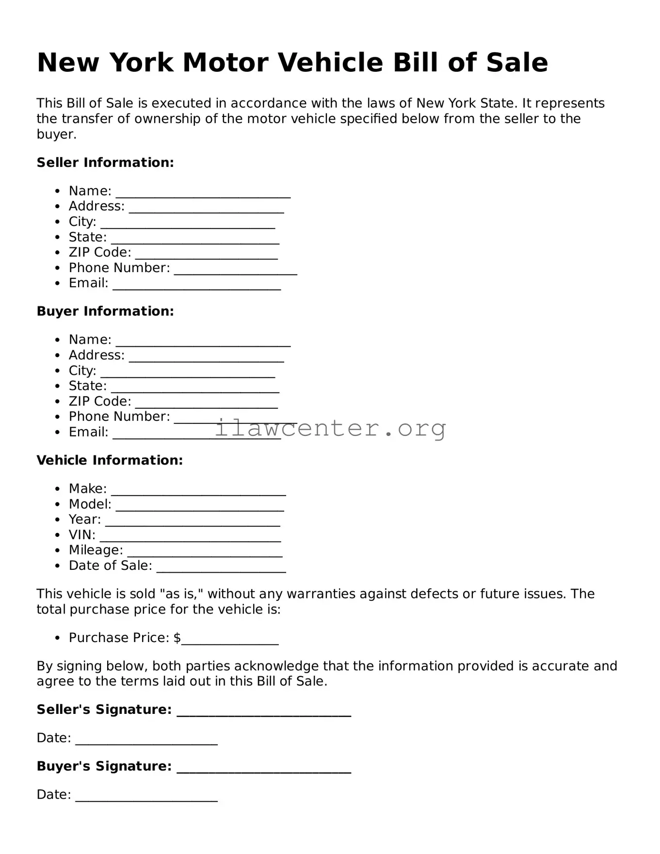 Attorney-Verified  Motor Vehicle Bill of Sale Document for New York