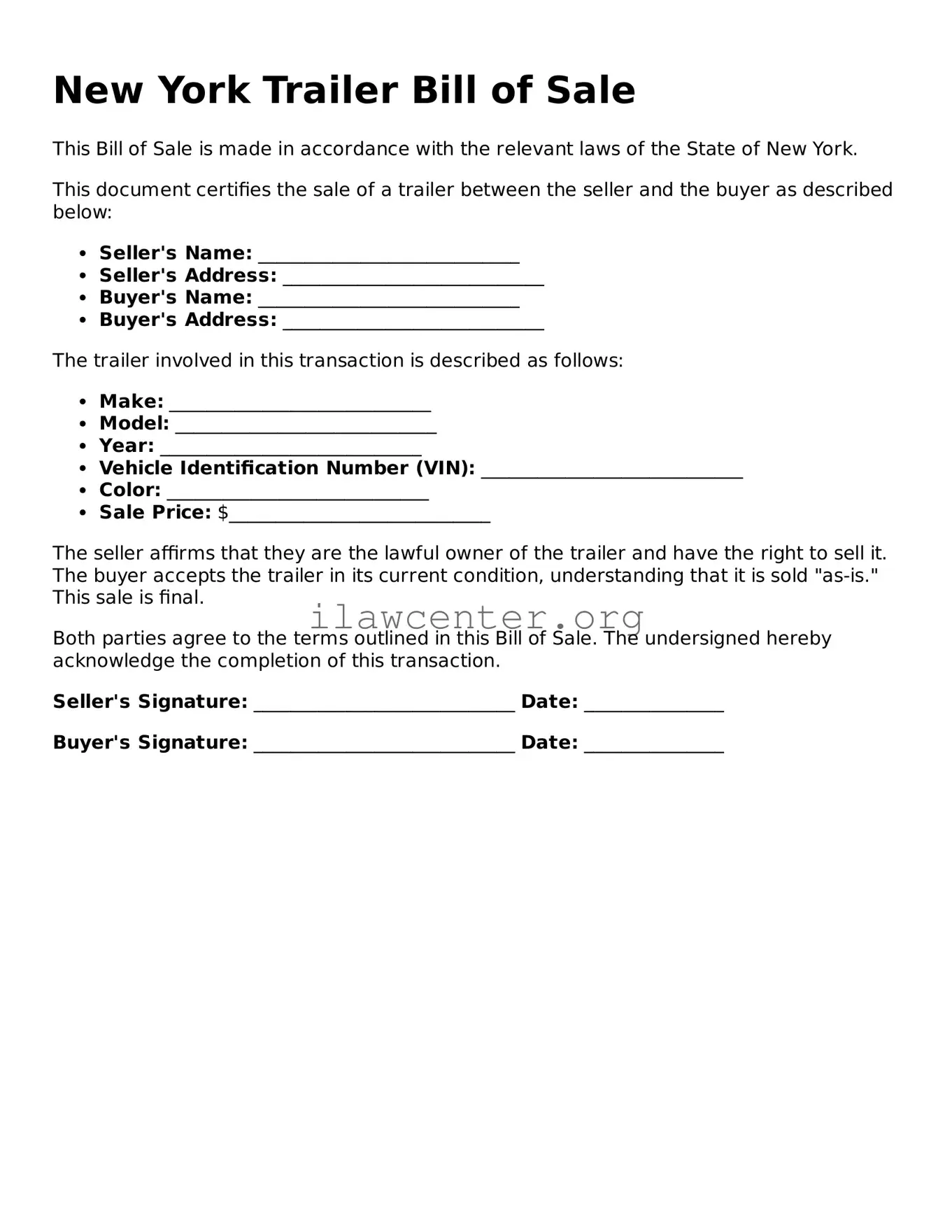 Attorney-Verified  Trailer Bill of Sale Document for New York