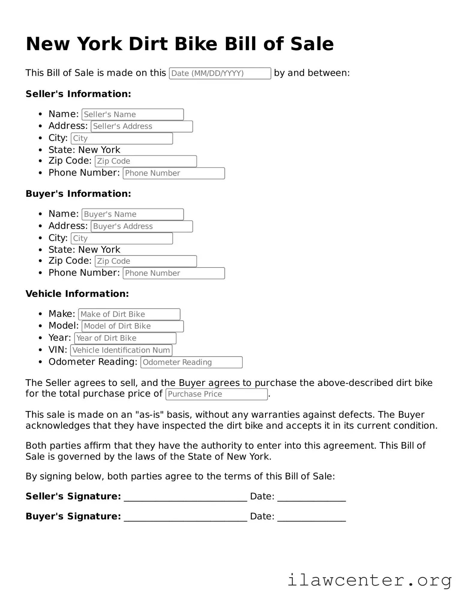 Attorney-Verified  Dirt Bike Bill of Sale Document for New York