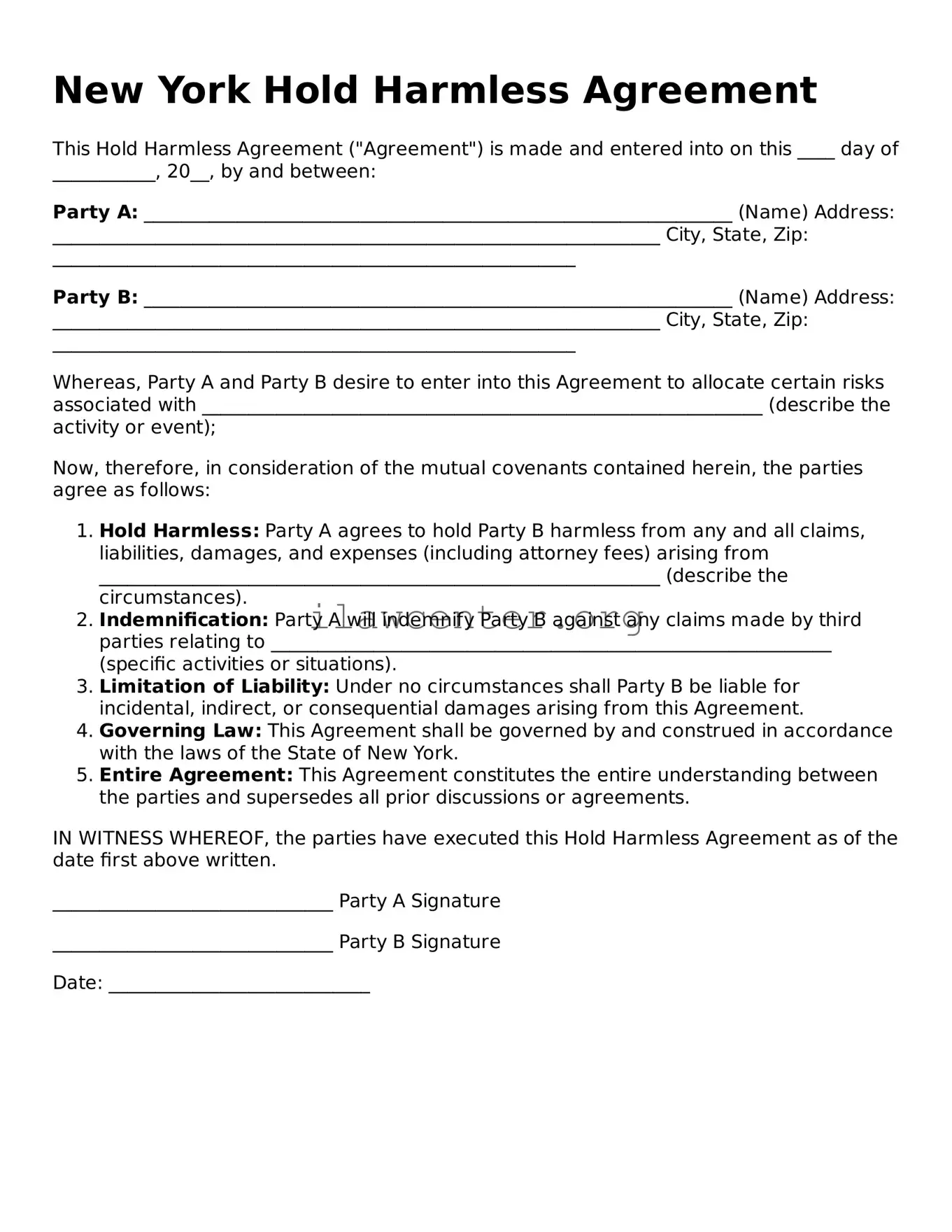 Attorney-Verified  Hold Harmless Agreement Document for New York