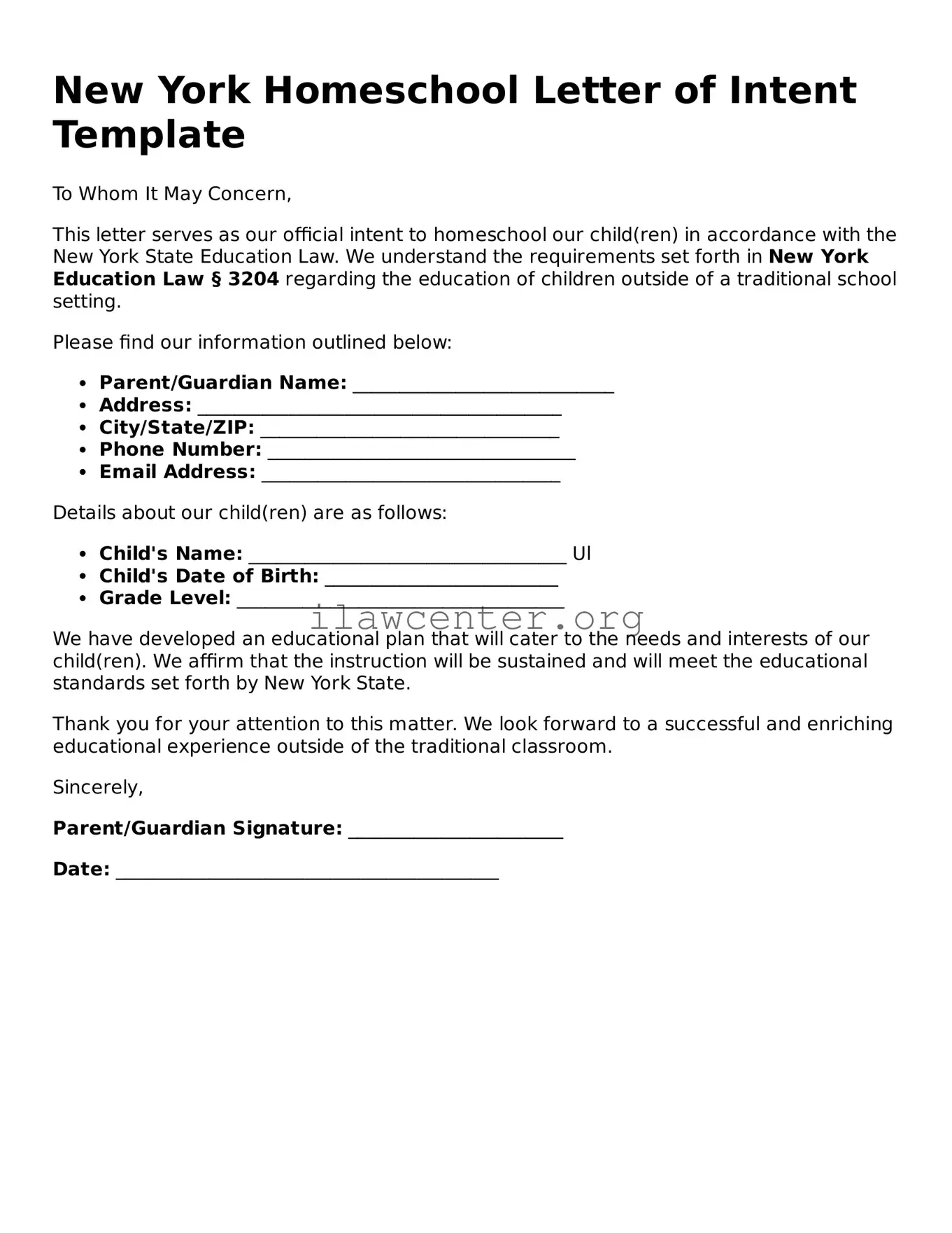 Attorney-Verified  Homeschool Letter of Intent Document for New York