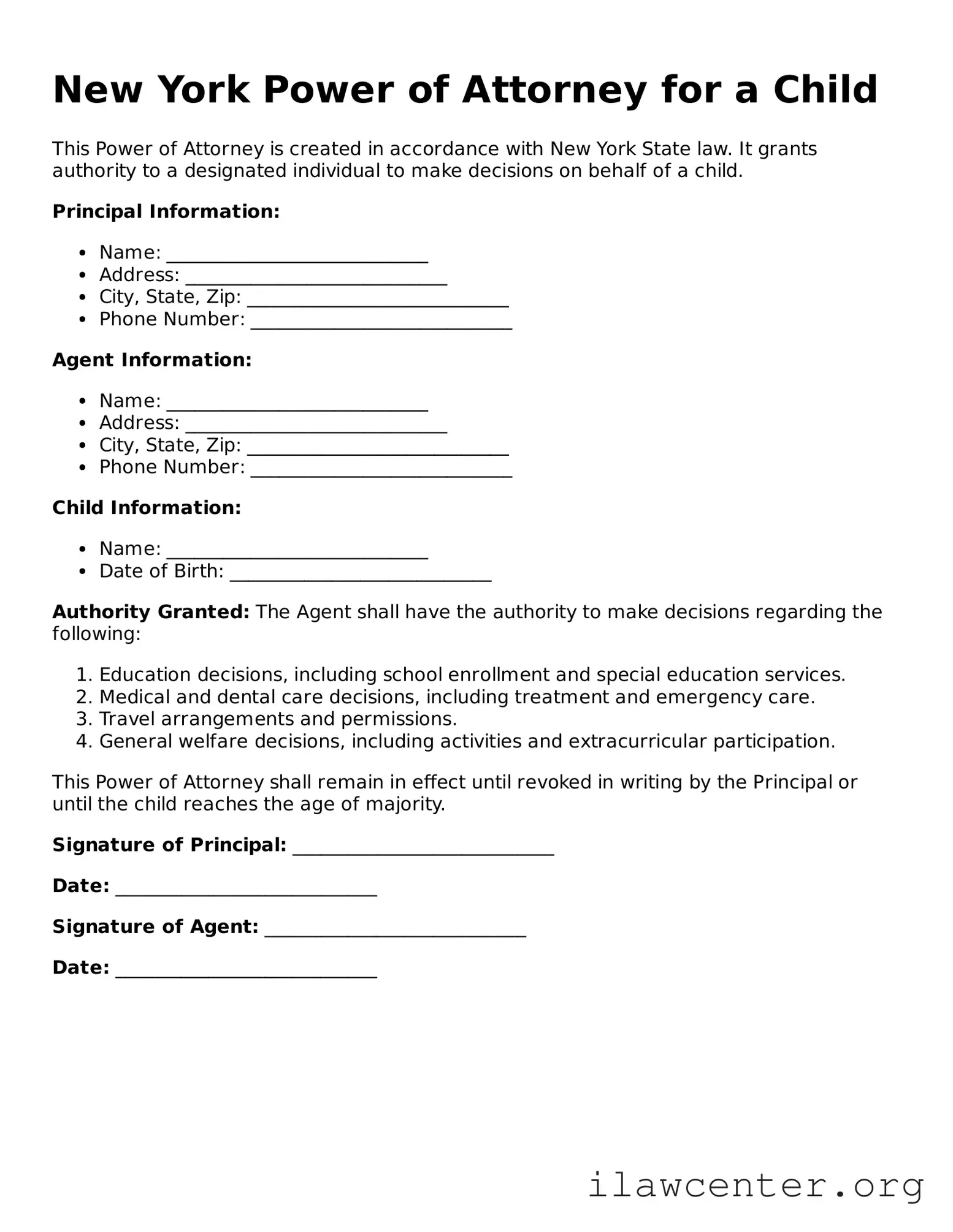 Attorney-Verified  Power of Attorney for a Child Document for New York