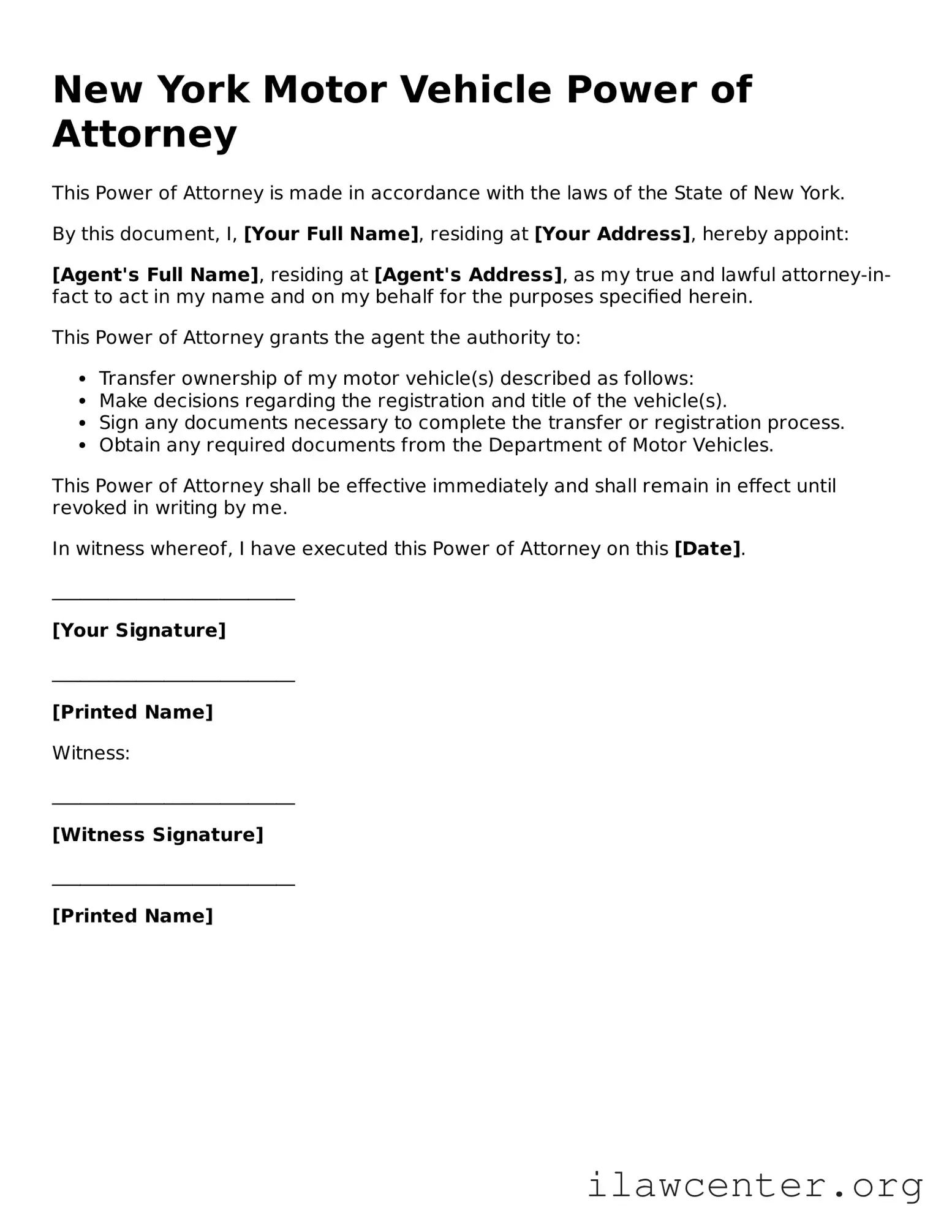 Attorney-Verified  Motor Vehicle Power of Attorney Document for New York