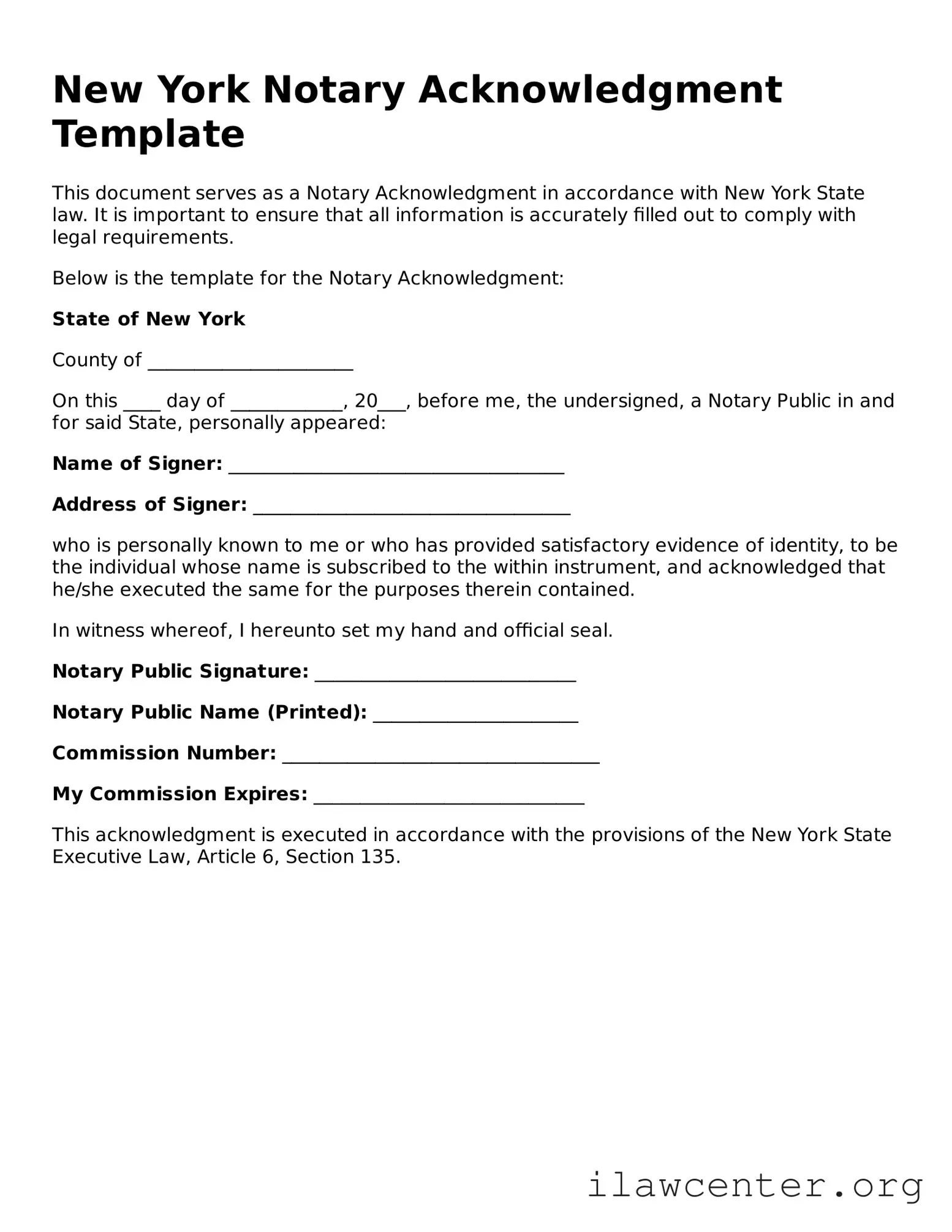 Attorney-Verified  Notary Acknowledgement Document for New York