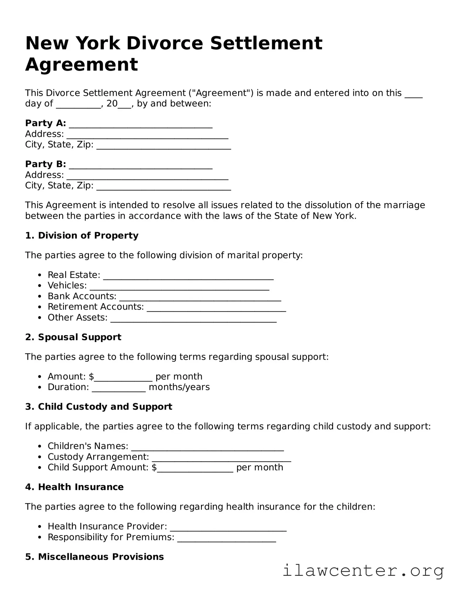 Attorney-Verified  Divorce Settlement Agreement Document for New York