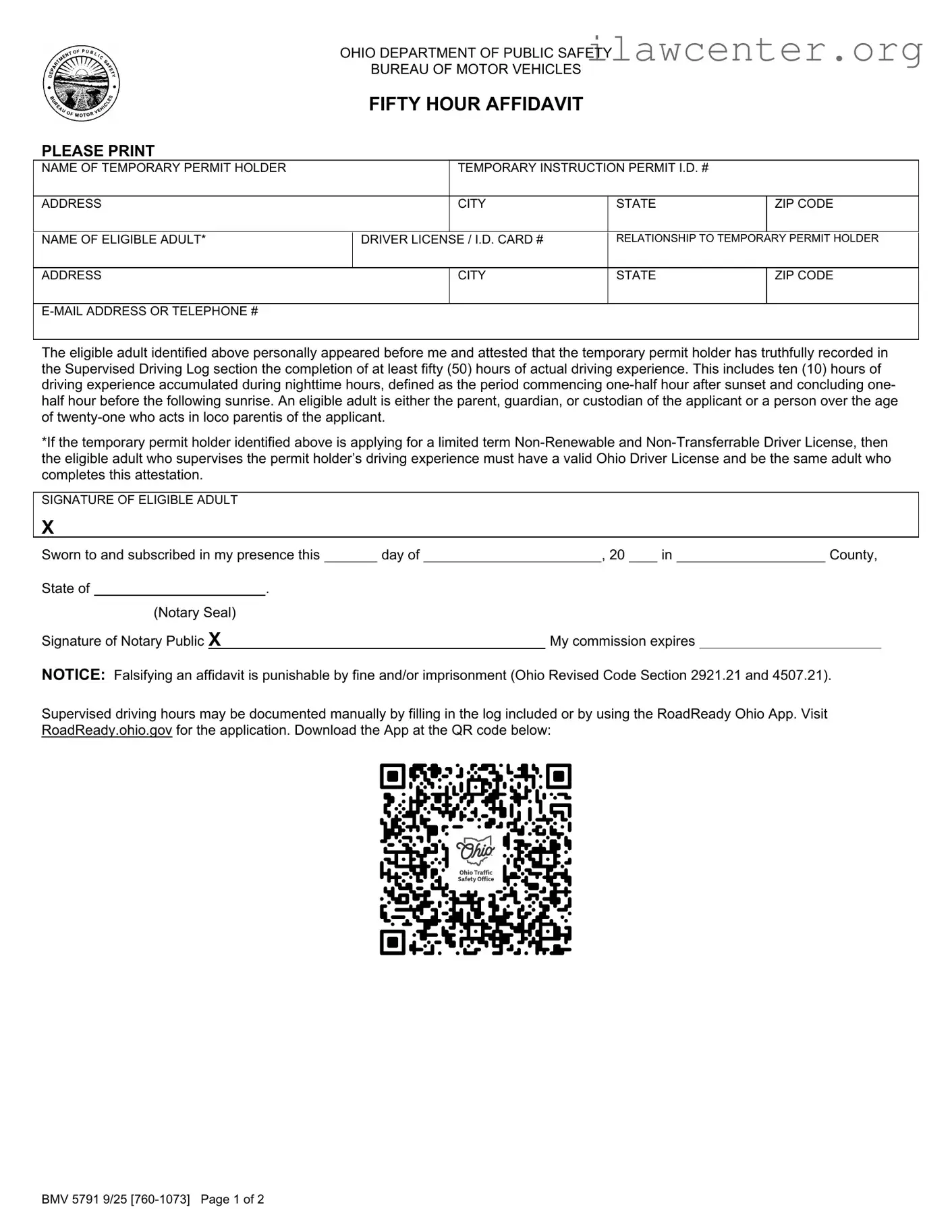 Driving Fifty Hour Affidavit PDF Template