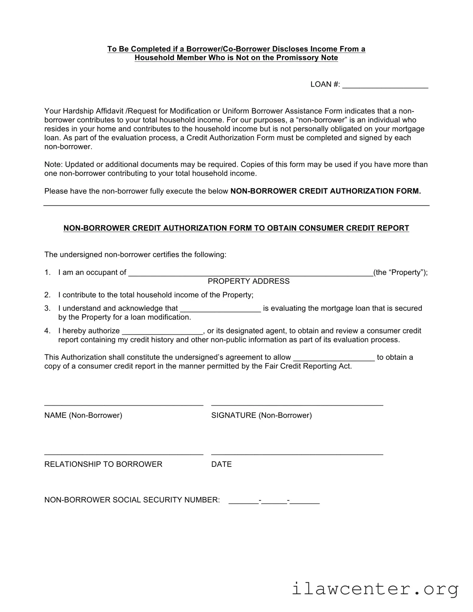 Non Borrower Credit Authorization PDF Template