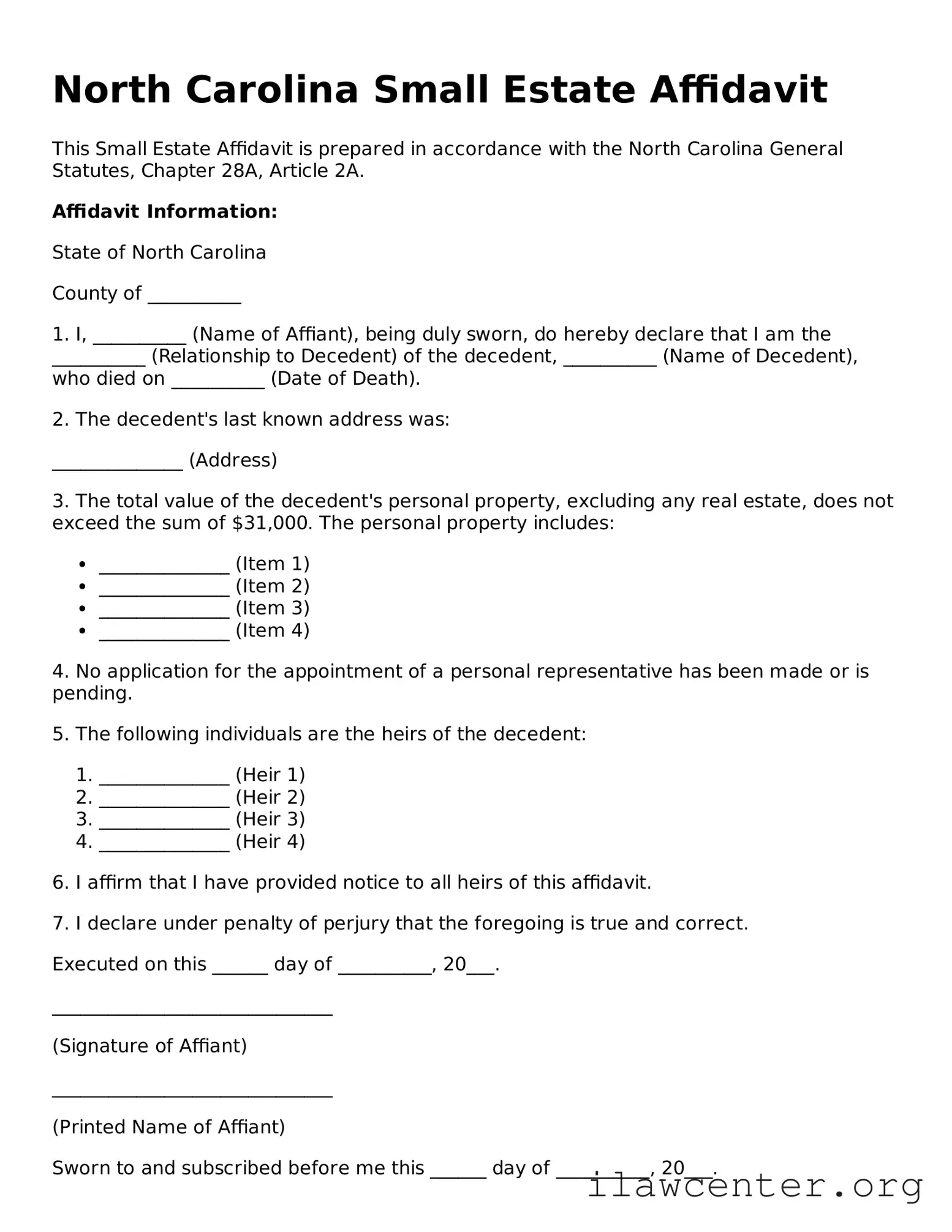 Attorney-Verified  Small Estate Affidavit Document for North Carolina