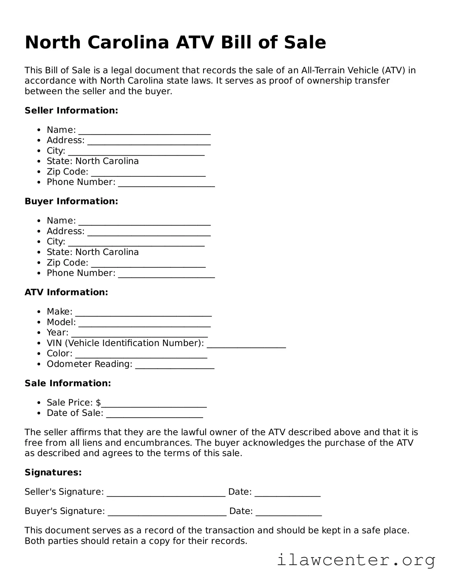 Attorney-Verified  ATV Bill of Sale Document for North Carolina