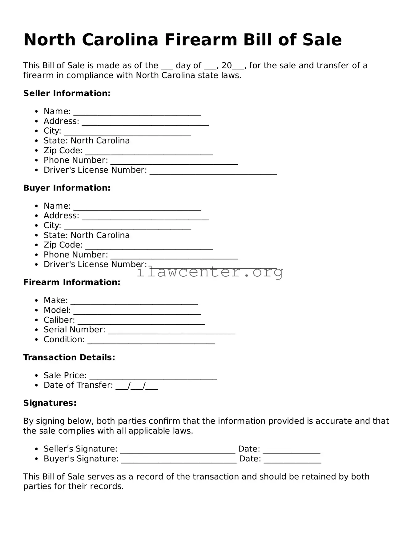 Attorney-Verified  Firearm Bill of Sale Document for North Carolina