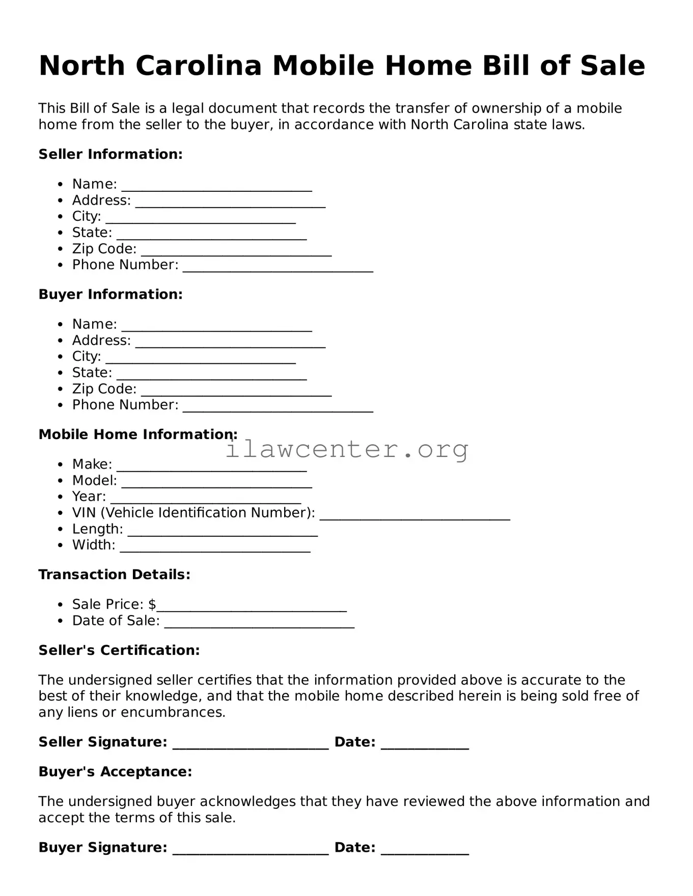 Attorney-Verified  Mobile Home Bill of Sale Document for North Carolina