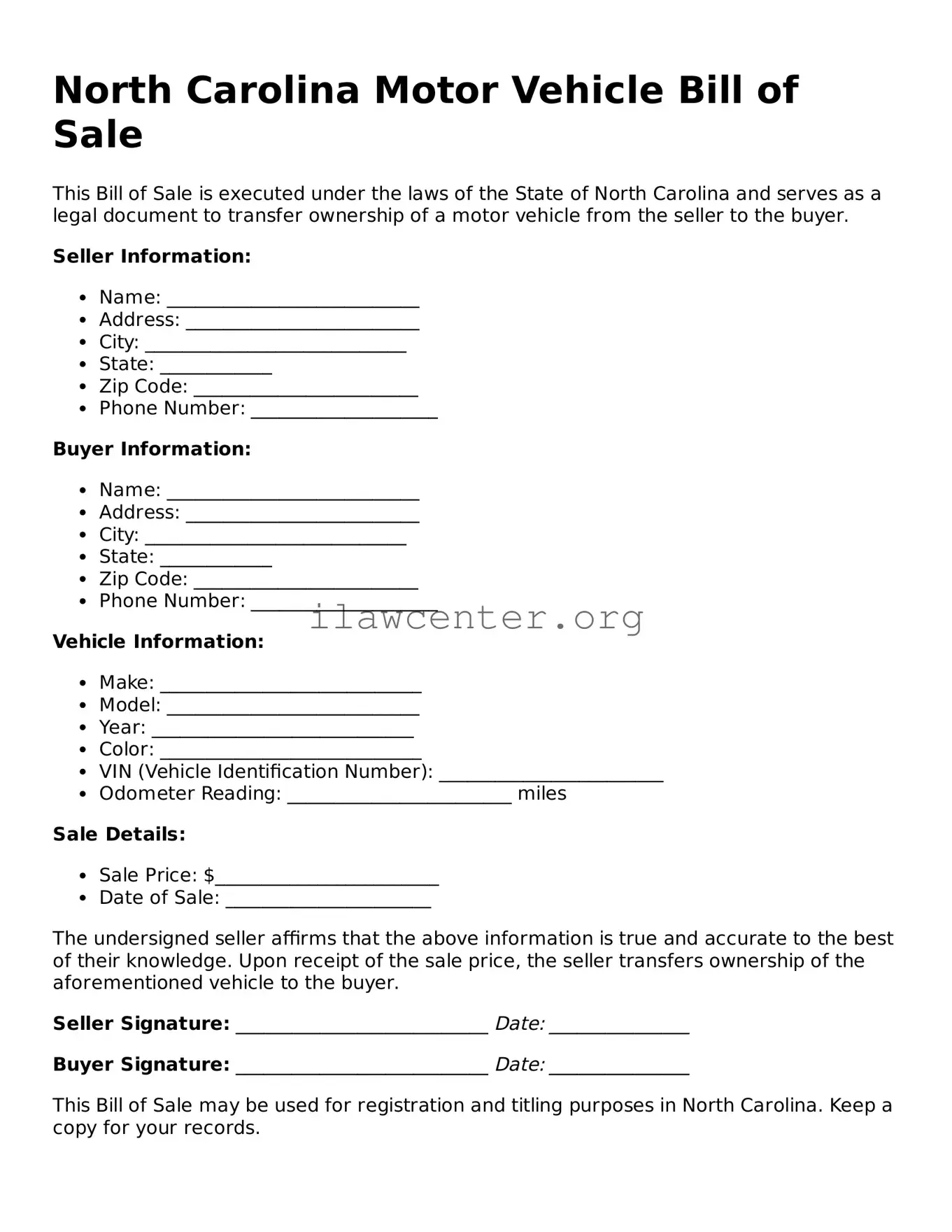 Attorney-Verified  Motor Vehicle Bill of Sale Document for North Carolina