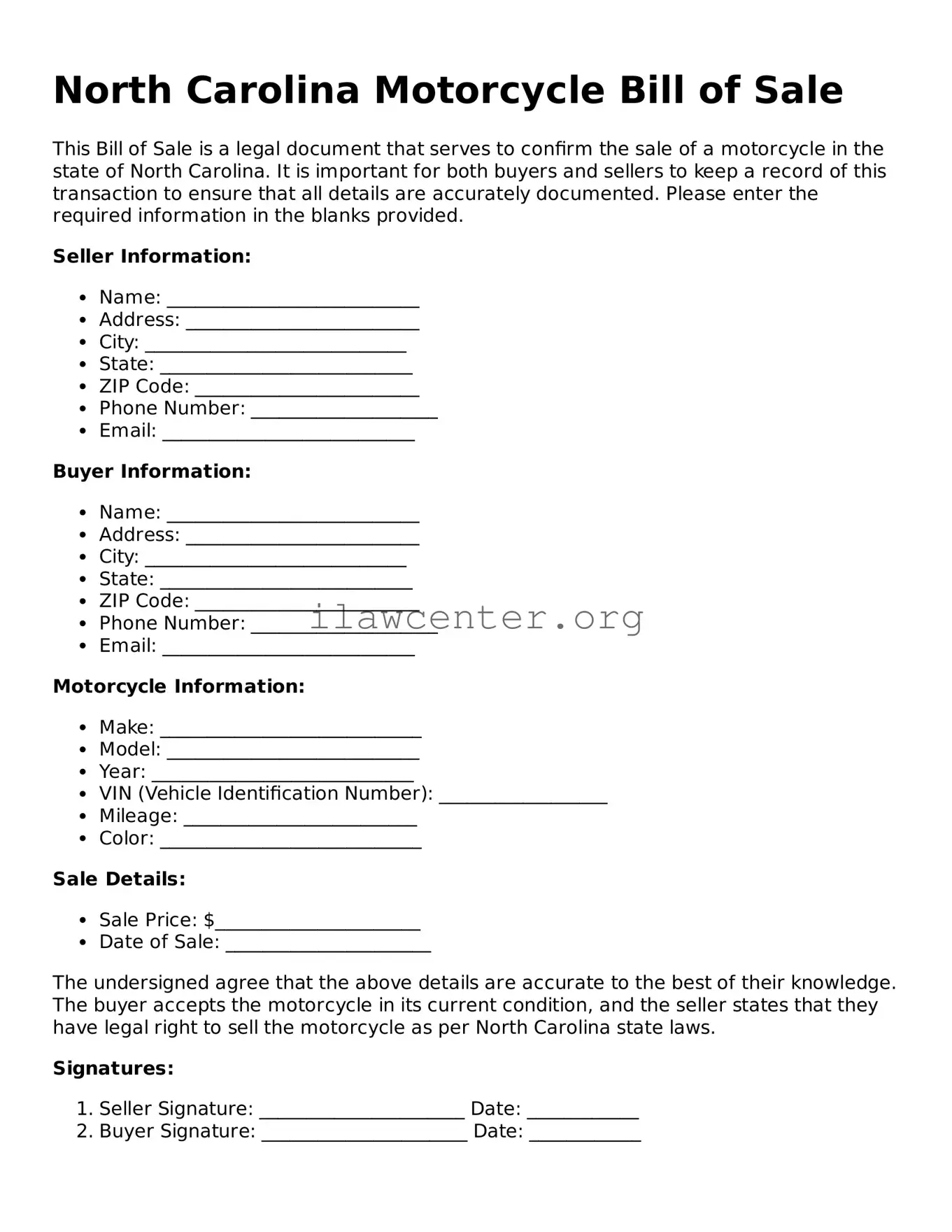 Attorney-Verified  Motorcycle Bill of Sale Document for North Carolina