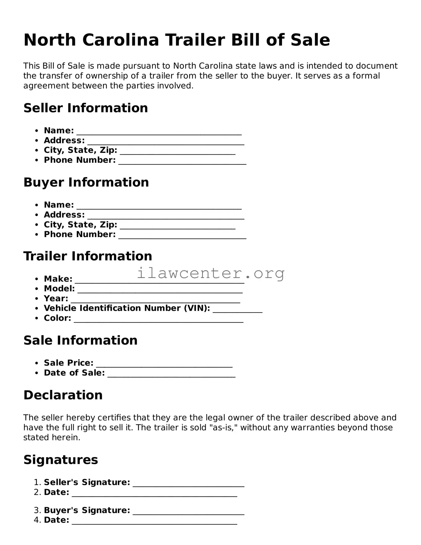 Attorney-Verified  Trailer Bill of Sale Document for North Carolina