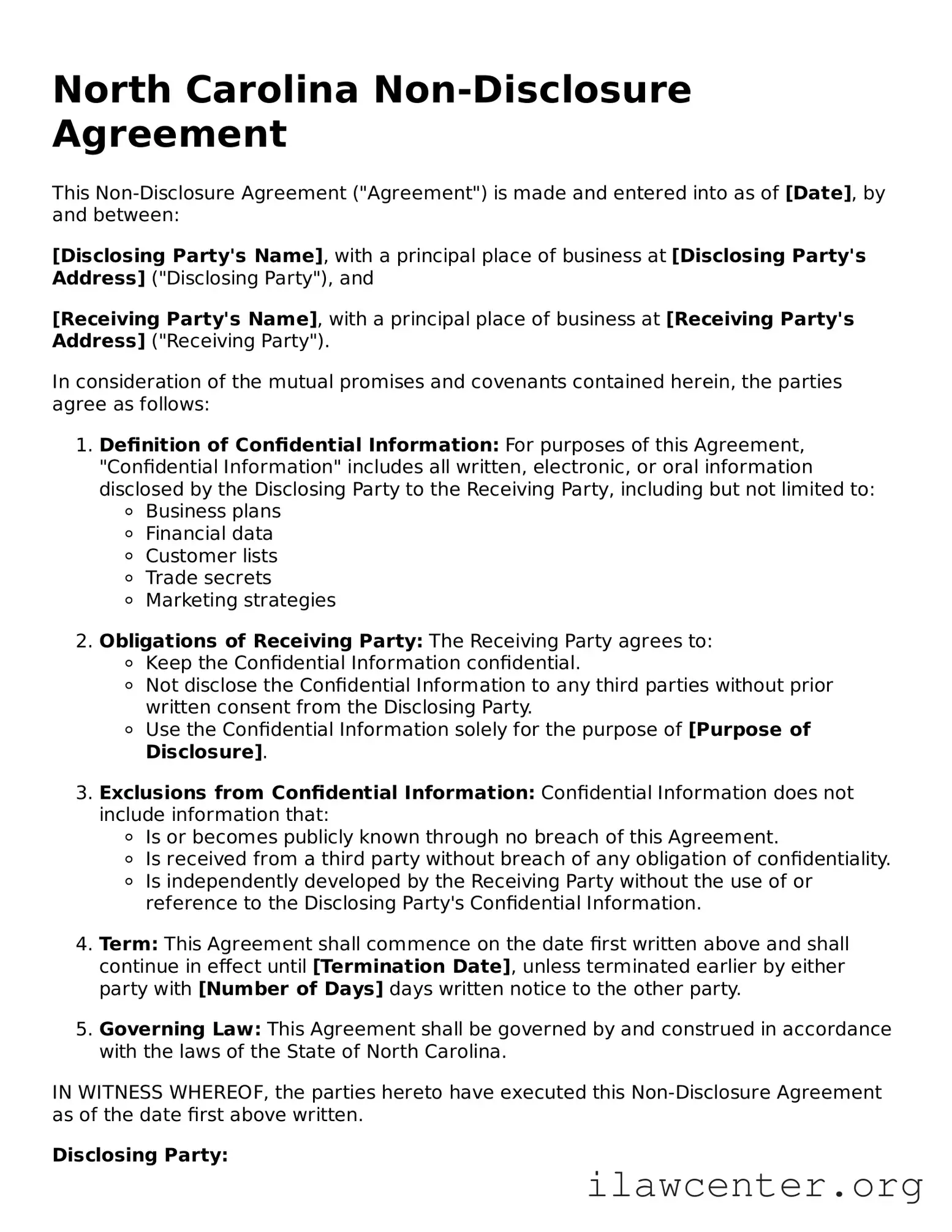 Attorney-Verified  Non-disclosure Agreement Document for North Carolina