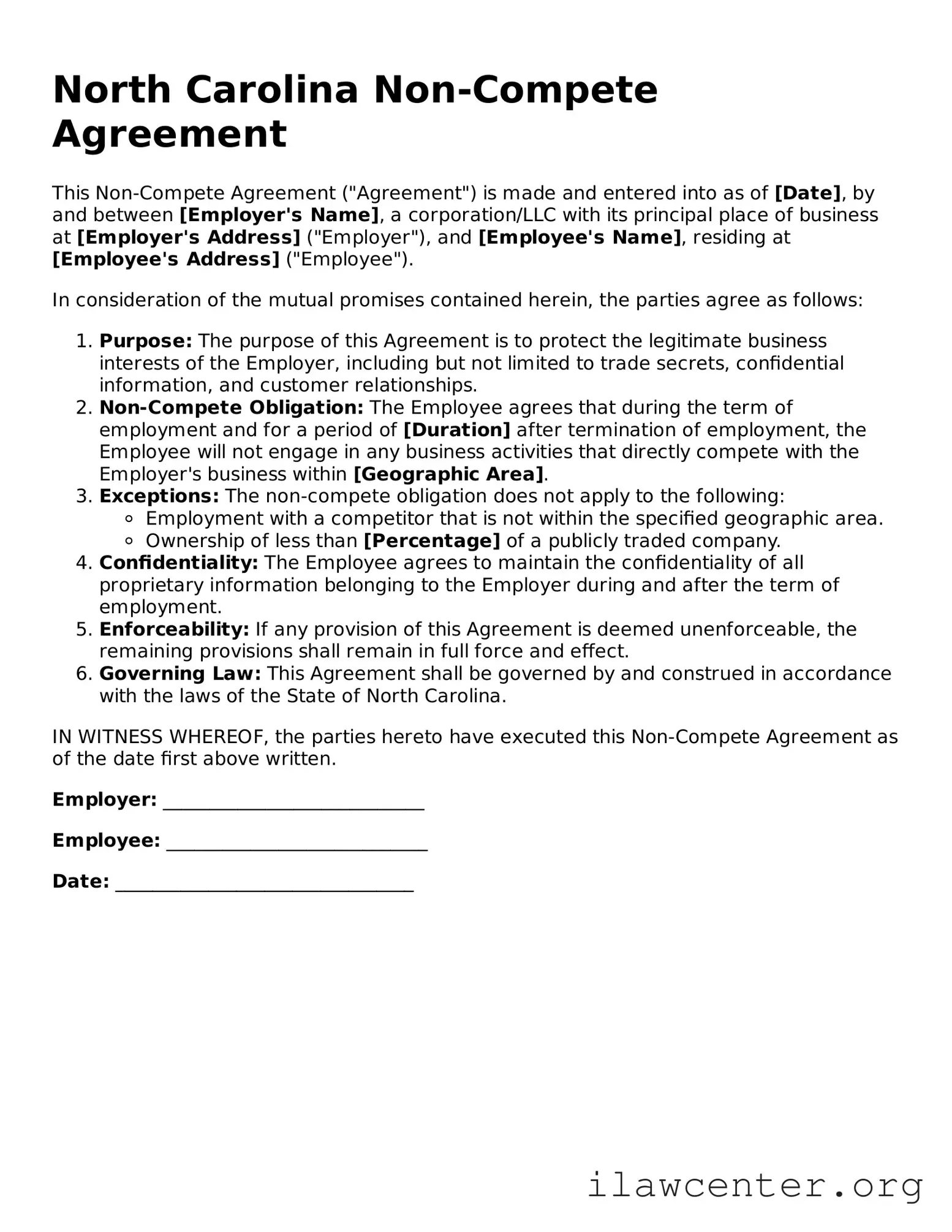 Attorney-Verified  Non-compete Agreement Document for North Carolina