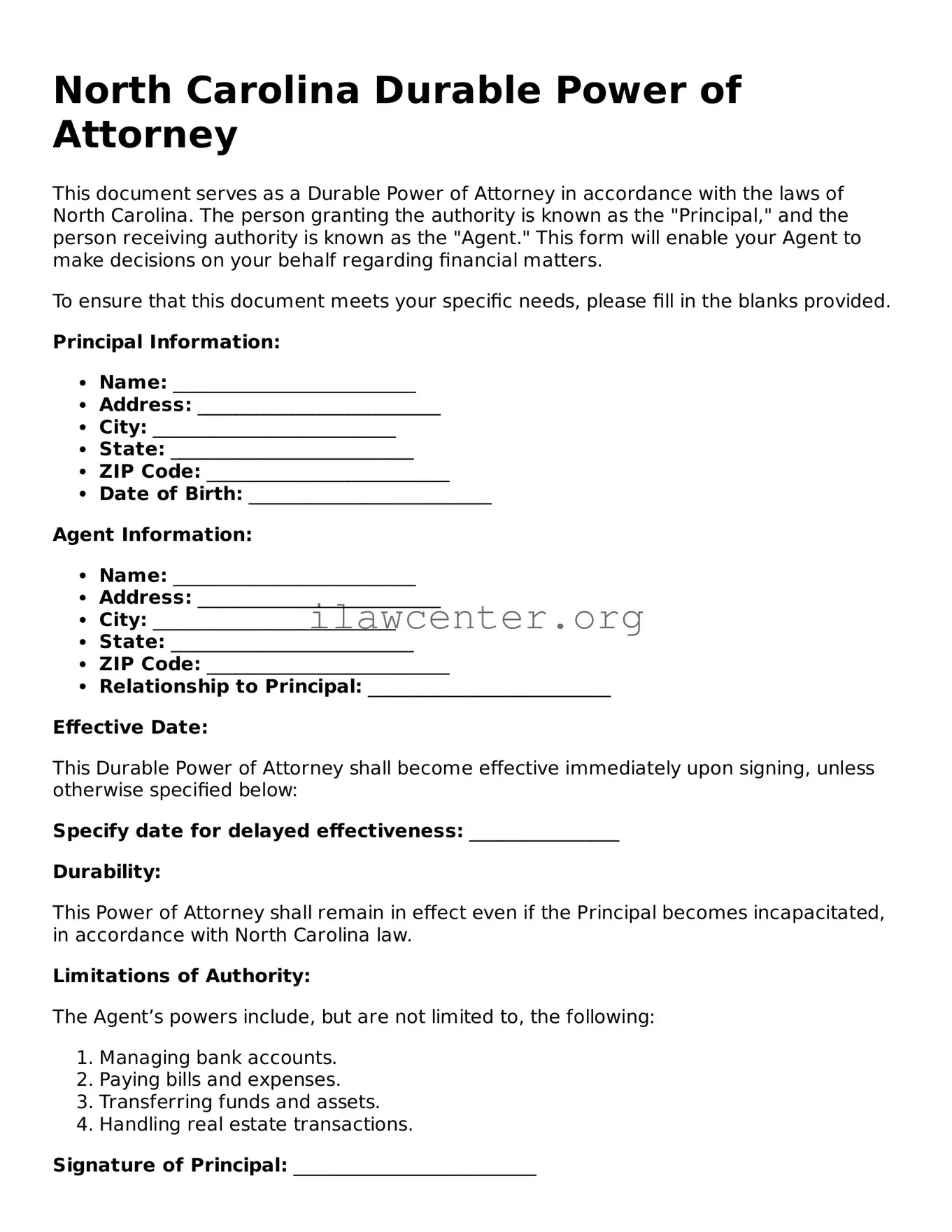 Attorney-Verified  Durable Power of Attorney Document for North Carolina