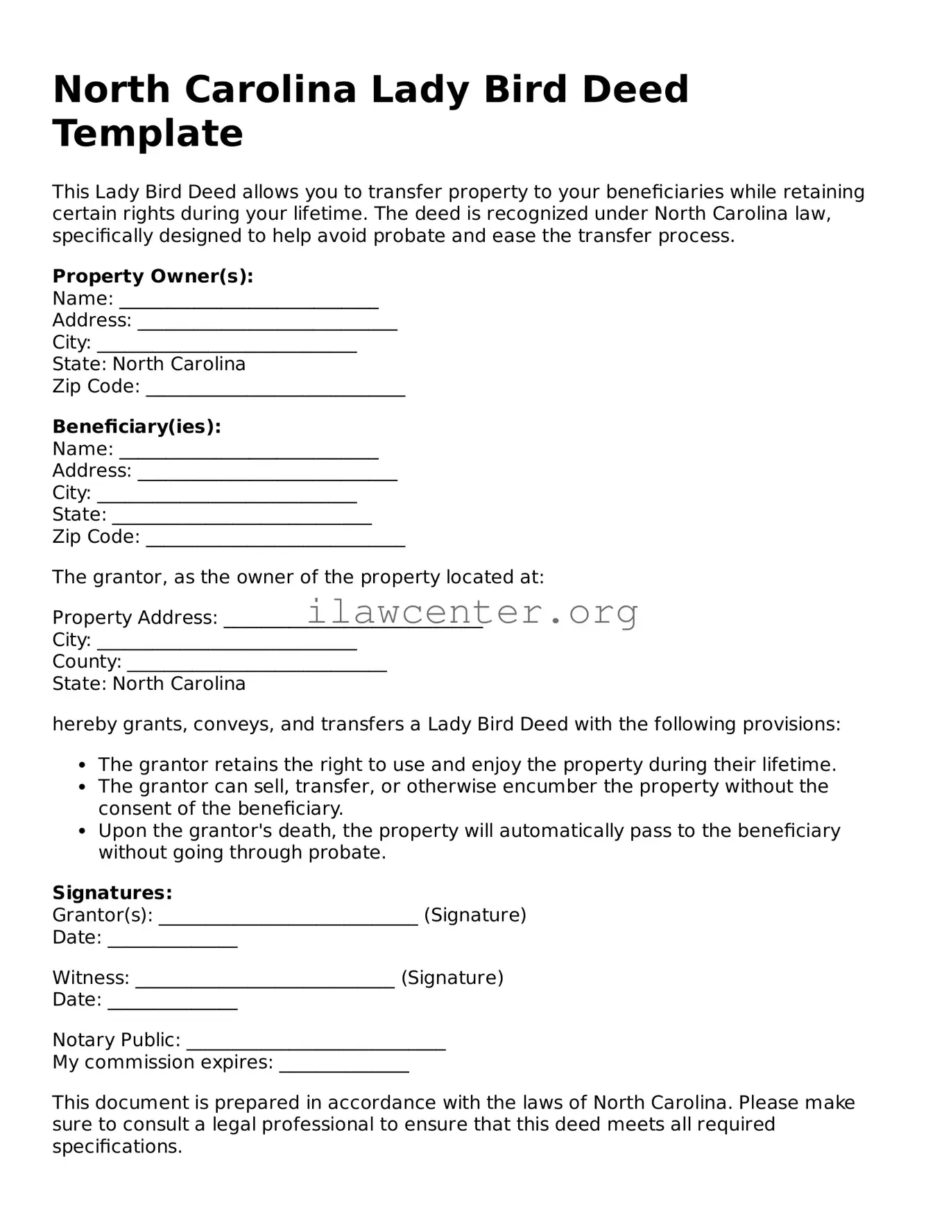 Attorney-Verified  Lady Bird Deed Document for North Carolina