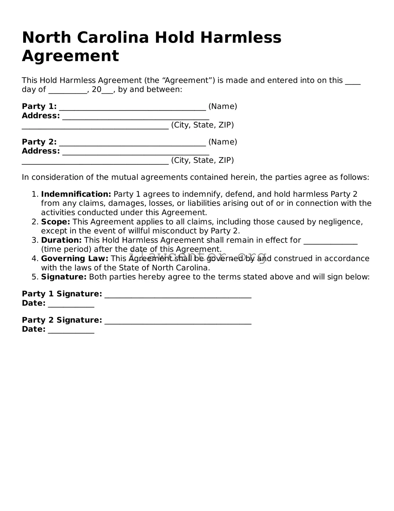 Attorney-Verified  Hold Harmless Agreement Document for North Carolina
