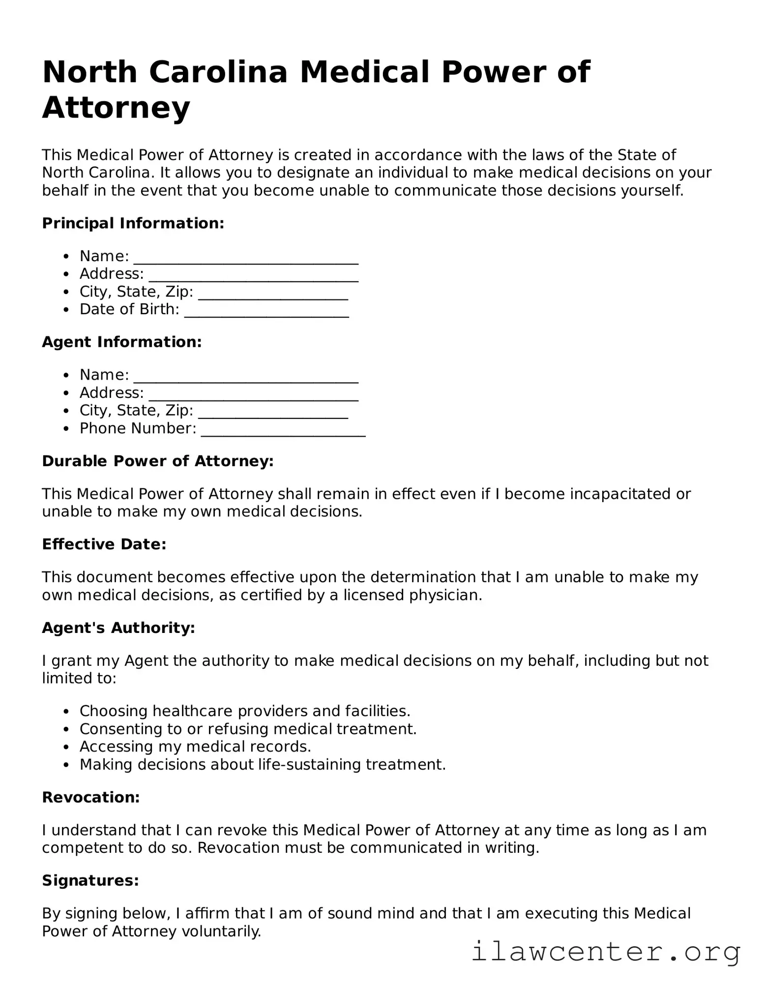 Attorney-Verified  Medical Power of Attorney Document for North Carolina