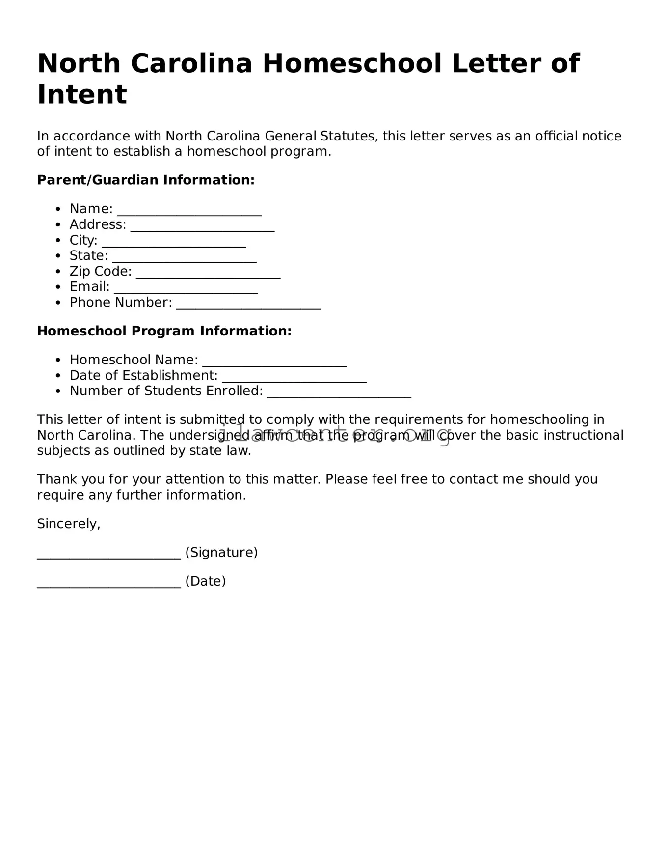 Attorney-Verified  Homeschool Letter of Intent Document for North Carolina