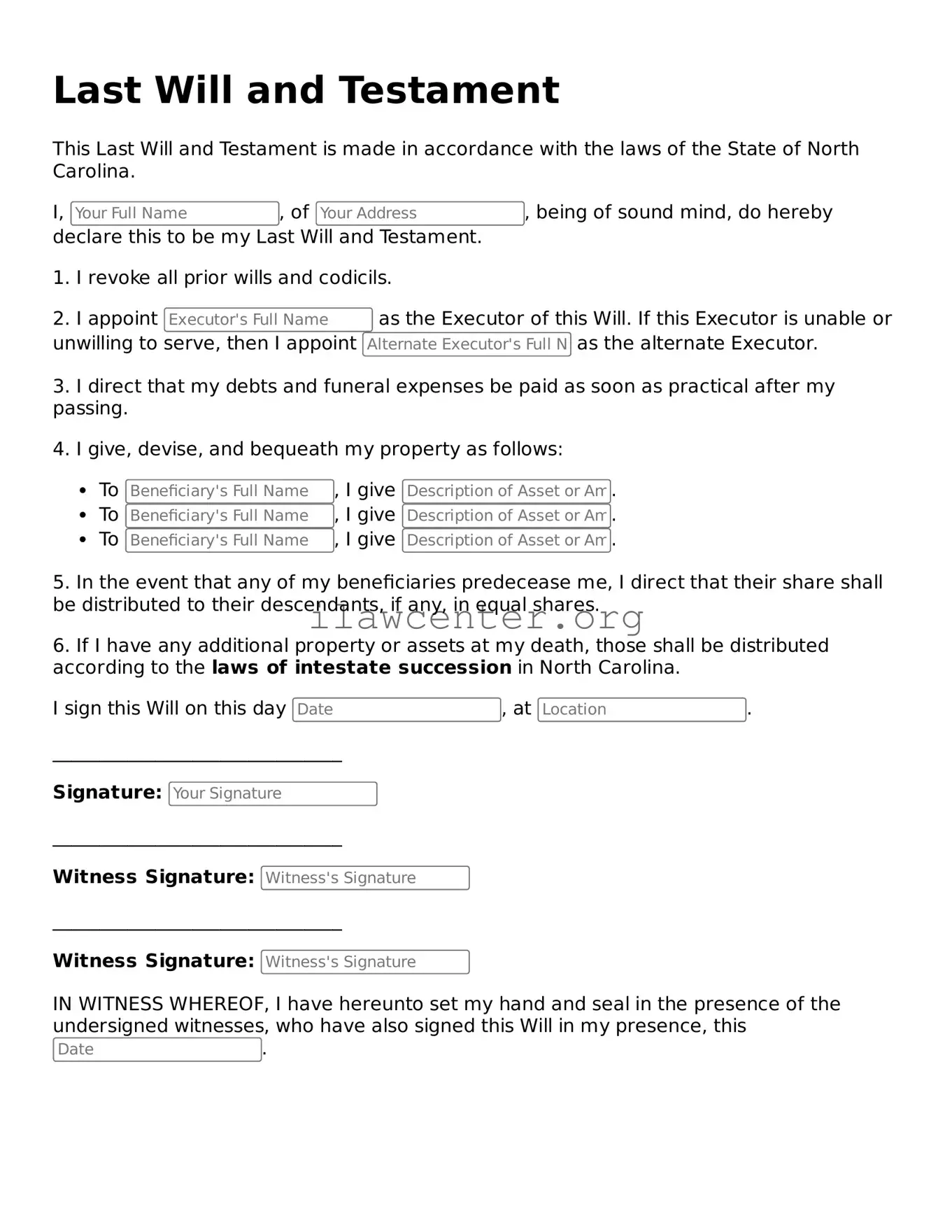 Attorney-Verified  Last Will and Testament Document for North Carolina