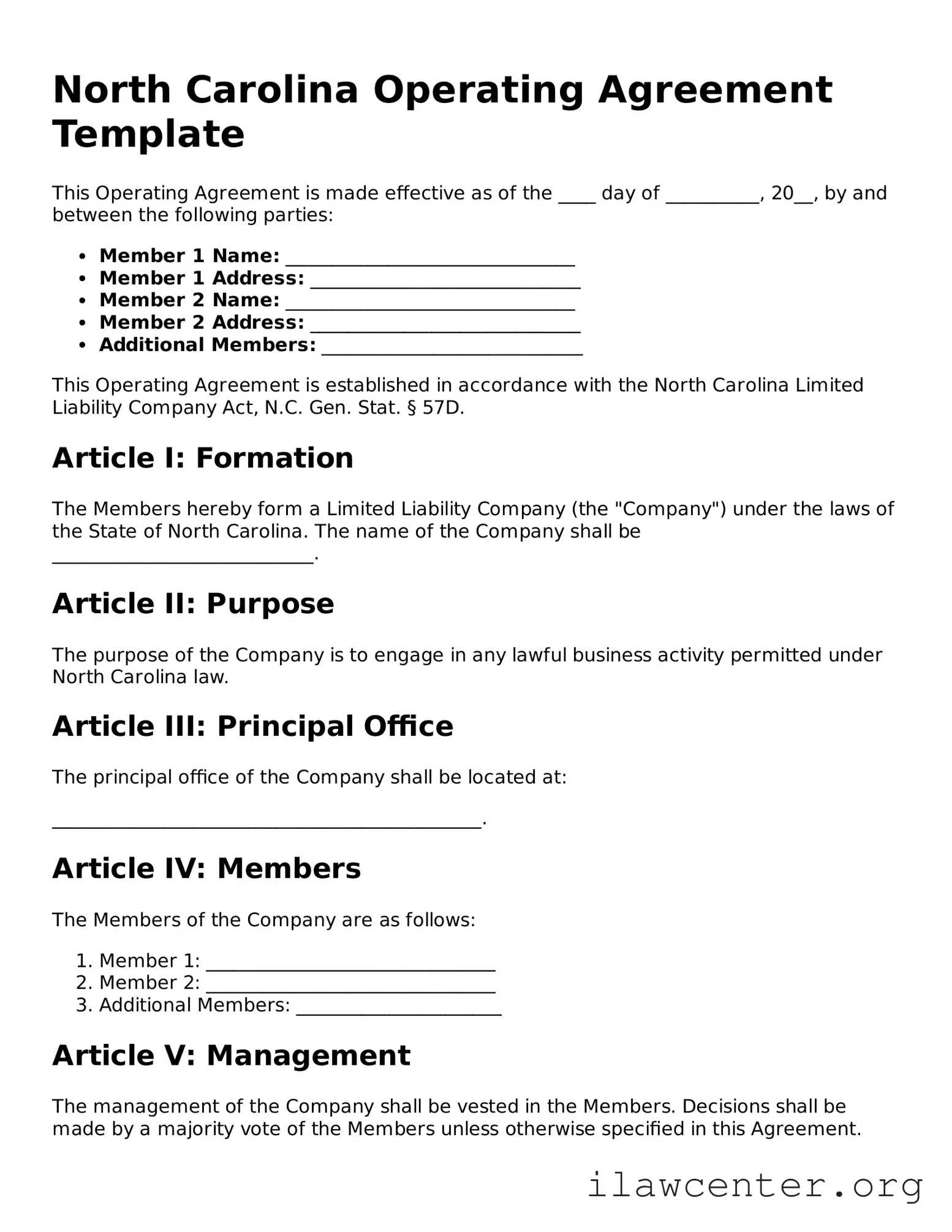 Attorney-Verified  Operating Agreement Document for North Carolina