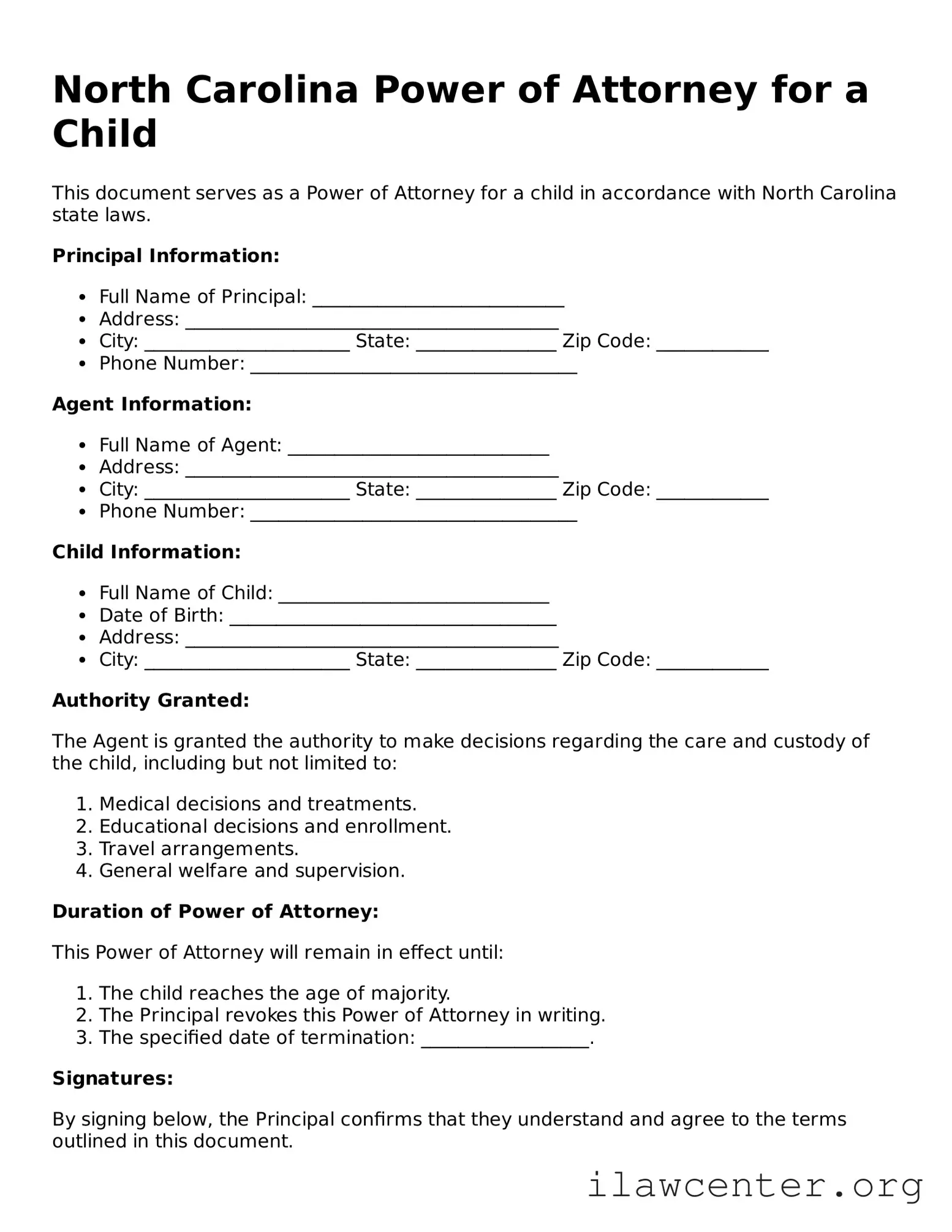 Attorney-Verified  Power of Attorney for a Child Document for North Carolina