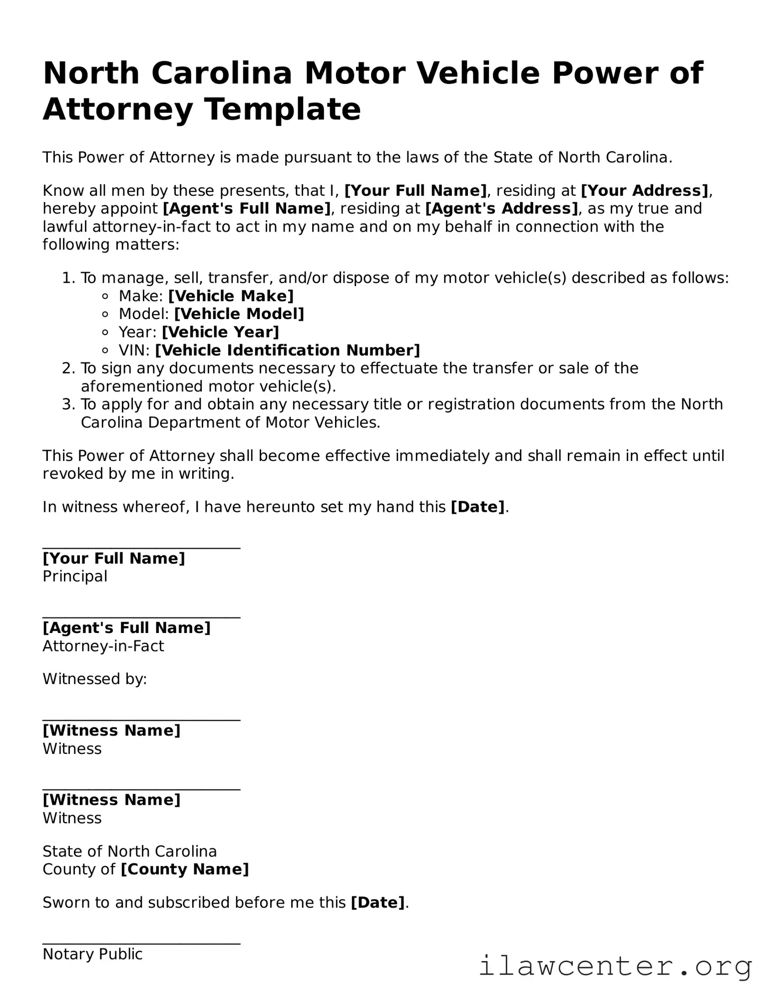 Attorney-Verified  Motor Vehicle Power of Attorney Document for North Carolina