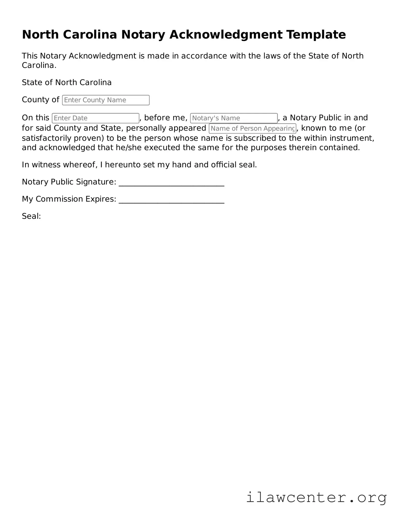Attorney-Verified  Notary Acknowledgement Document for North Carolina