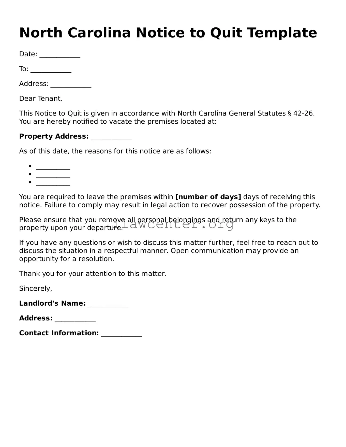 Attorney-Verified  Notice to Quit Document for North Carolina