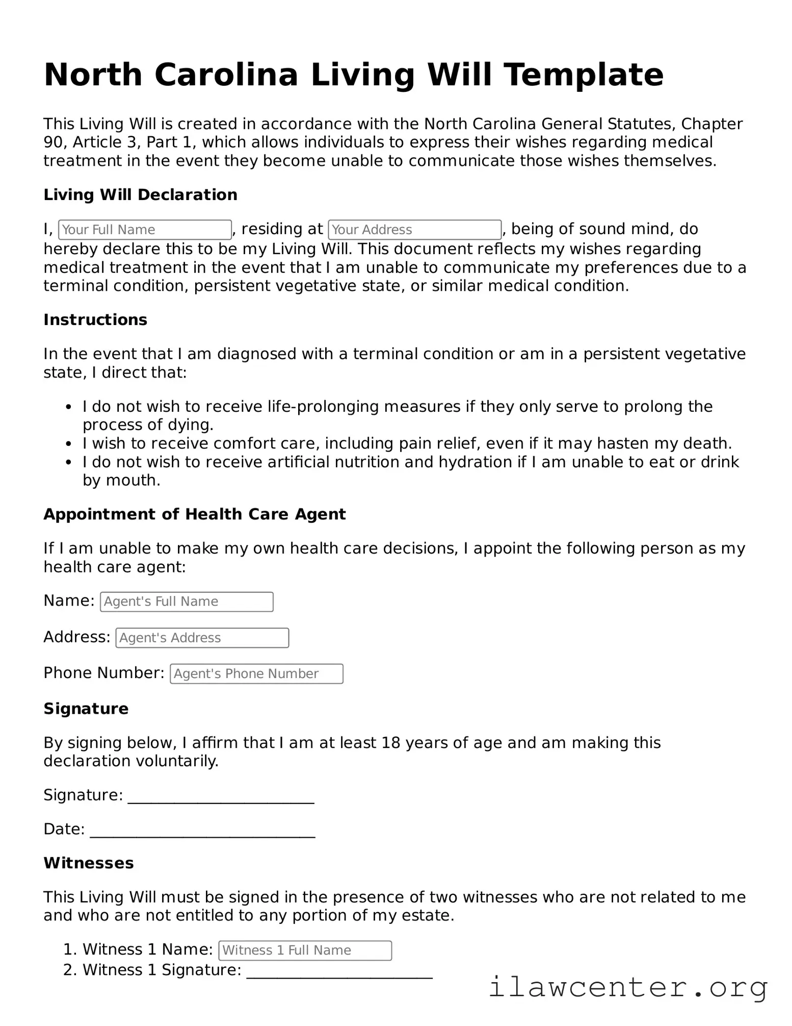 Attorney-Verified  Living Will Document for North Carolina