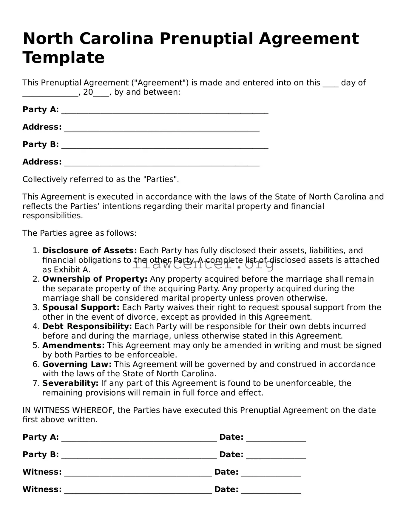 Attorney-Verified  Prenuptial Agreement Document for North Carolina
