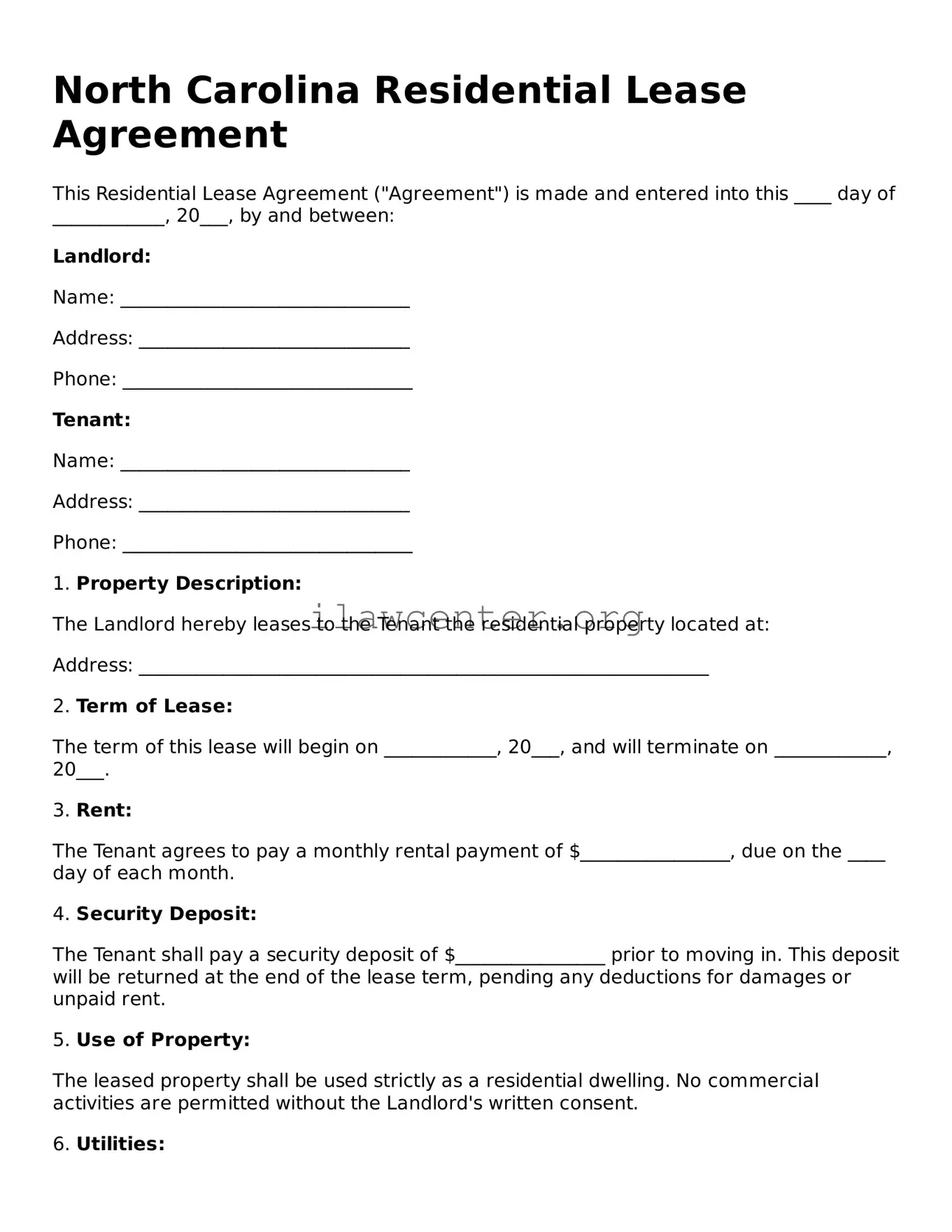 Attorney-Verified  Residential Lease Agreement Document for North Carolina
