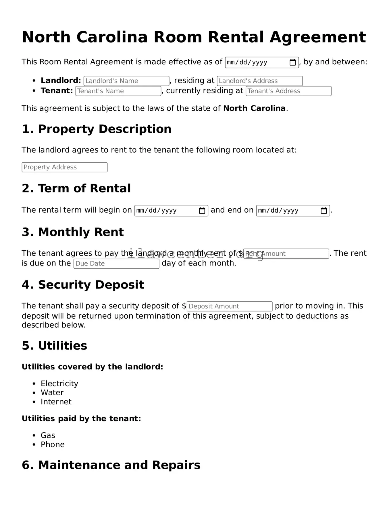 Attorney-Verified  Room Rental Agreement Document for North Carolina