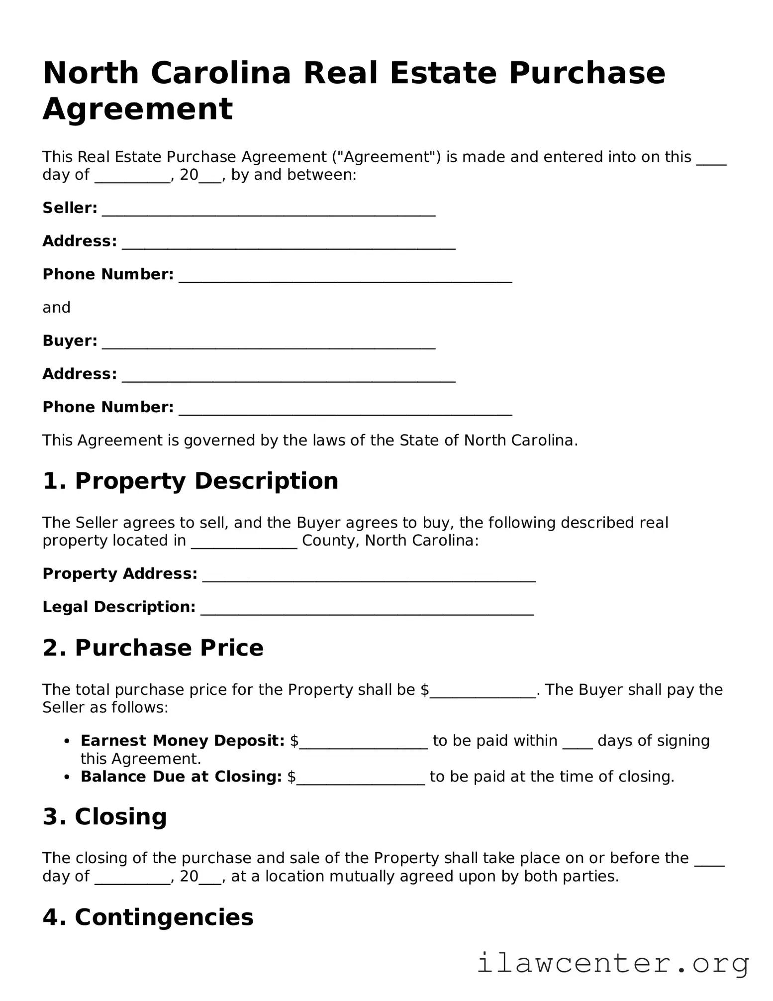 Attorney-Verified  Real Estate Purchase Agreement Document for North Carolina