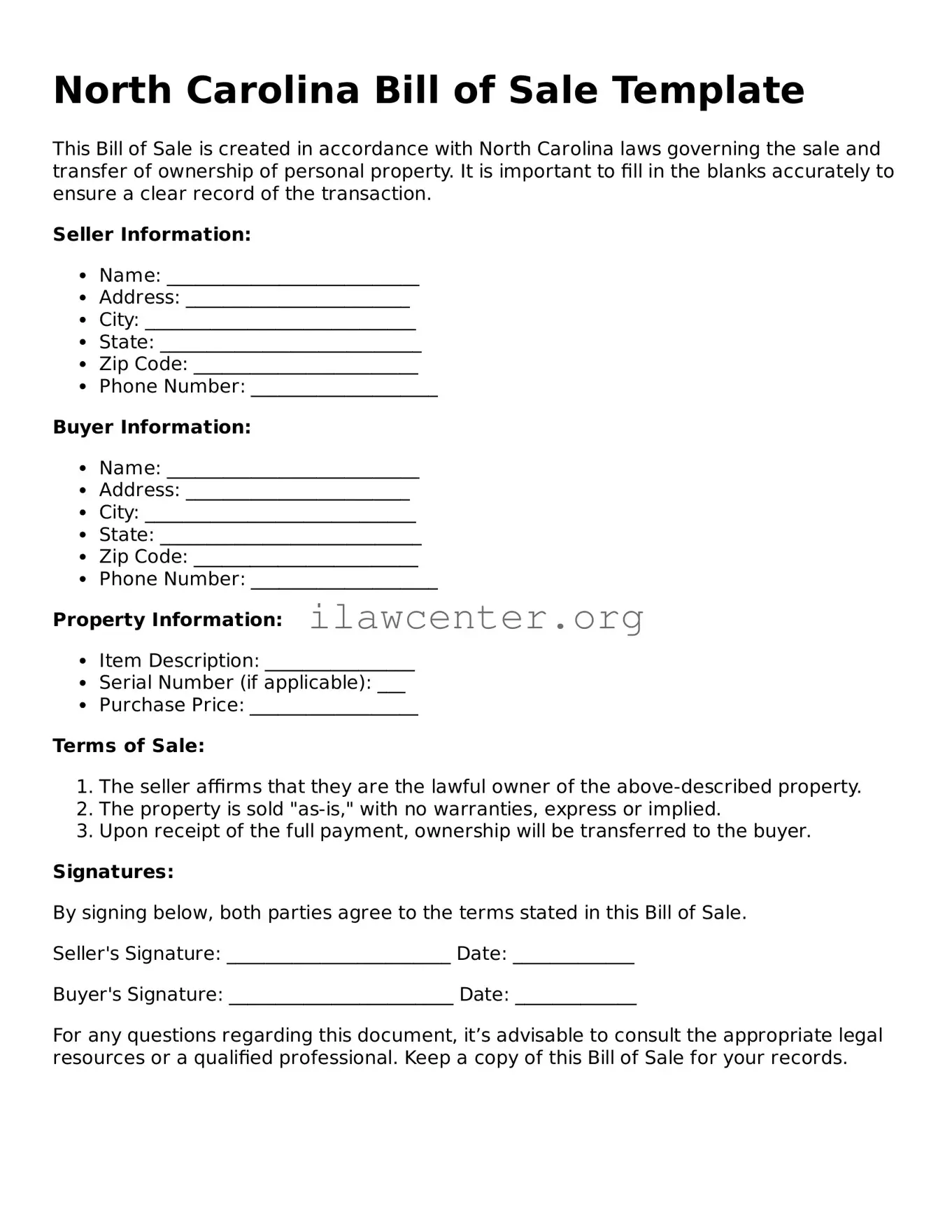 Attorney-Verified  Bill of Sale Document for North Carolina