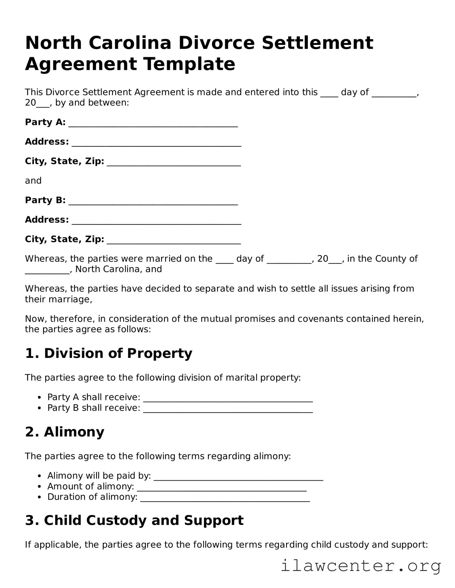 Attorney-Verified  Divorce Settlement Agreement Document for North Carolina