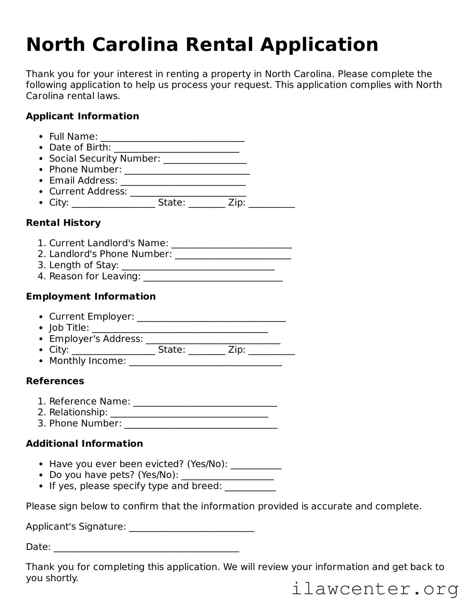 Attorney-Verified  Rental Application Document for North Carolina