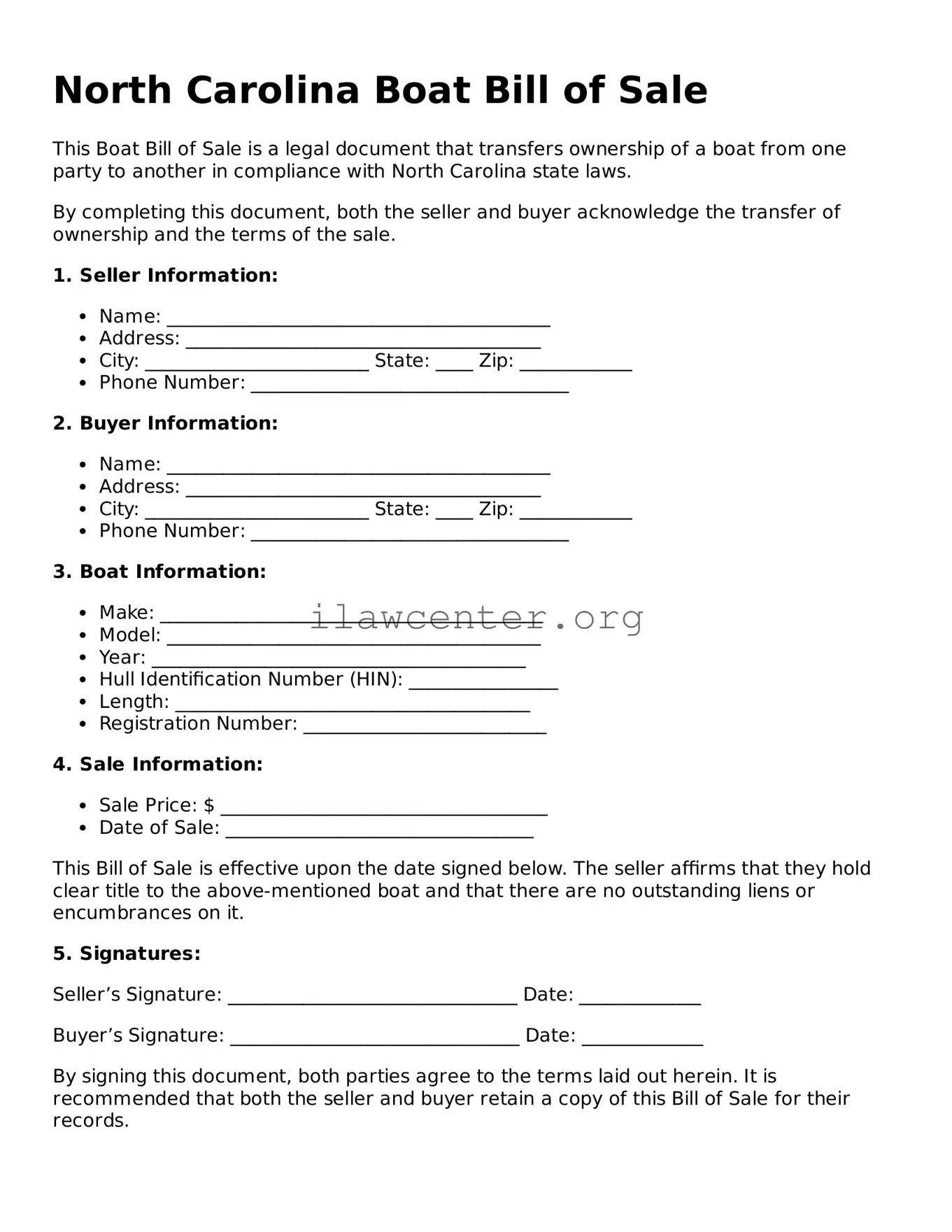 Attorney-Verified  Boat Bill of Sale Document for North Carolina