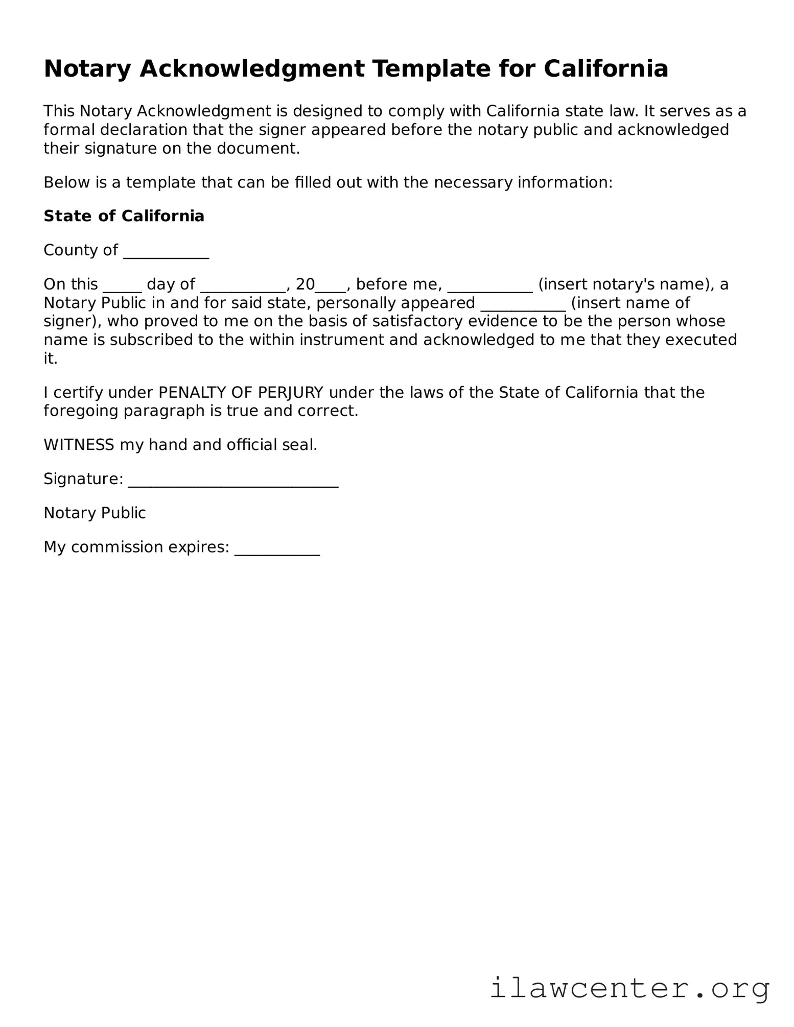 Fillable Notary Acknowledgement Document