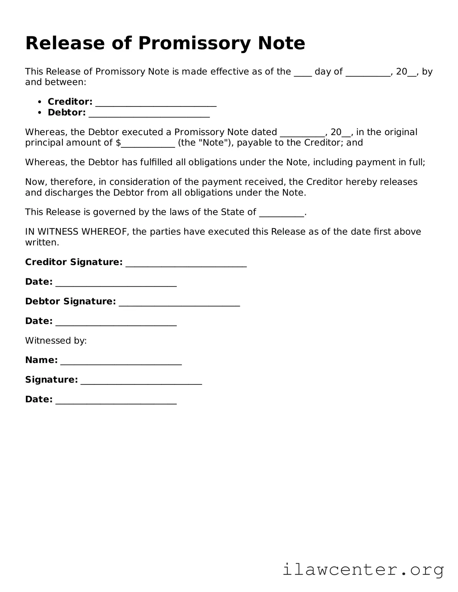 Fillable Release of Promissory Note Document