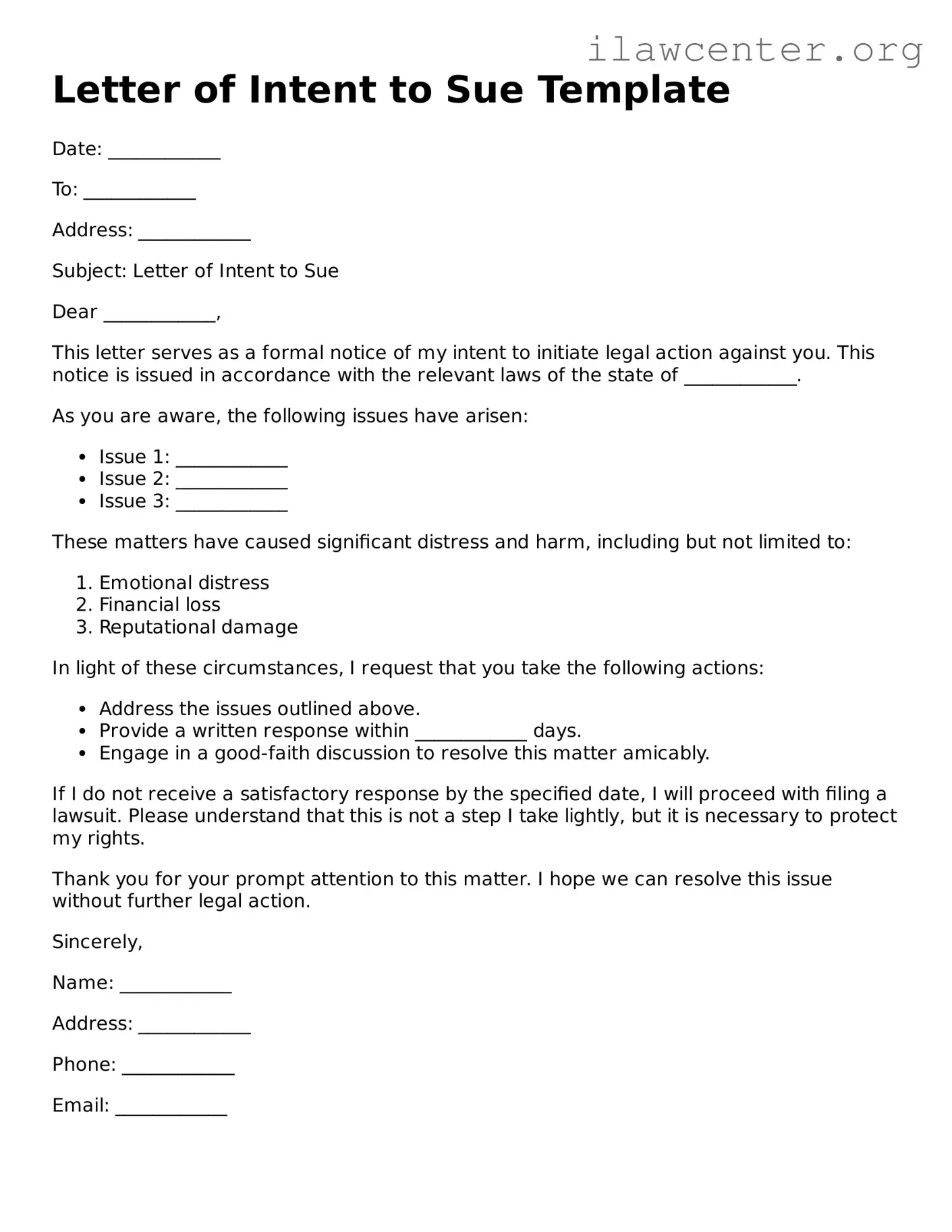 Fillable Letter of Intent to Sue Document