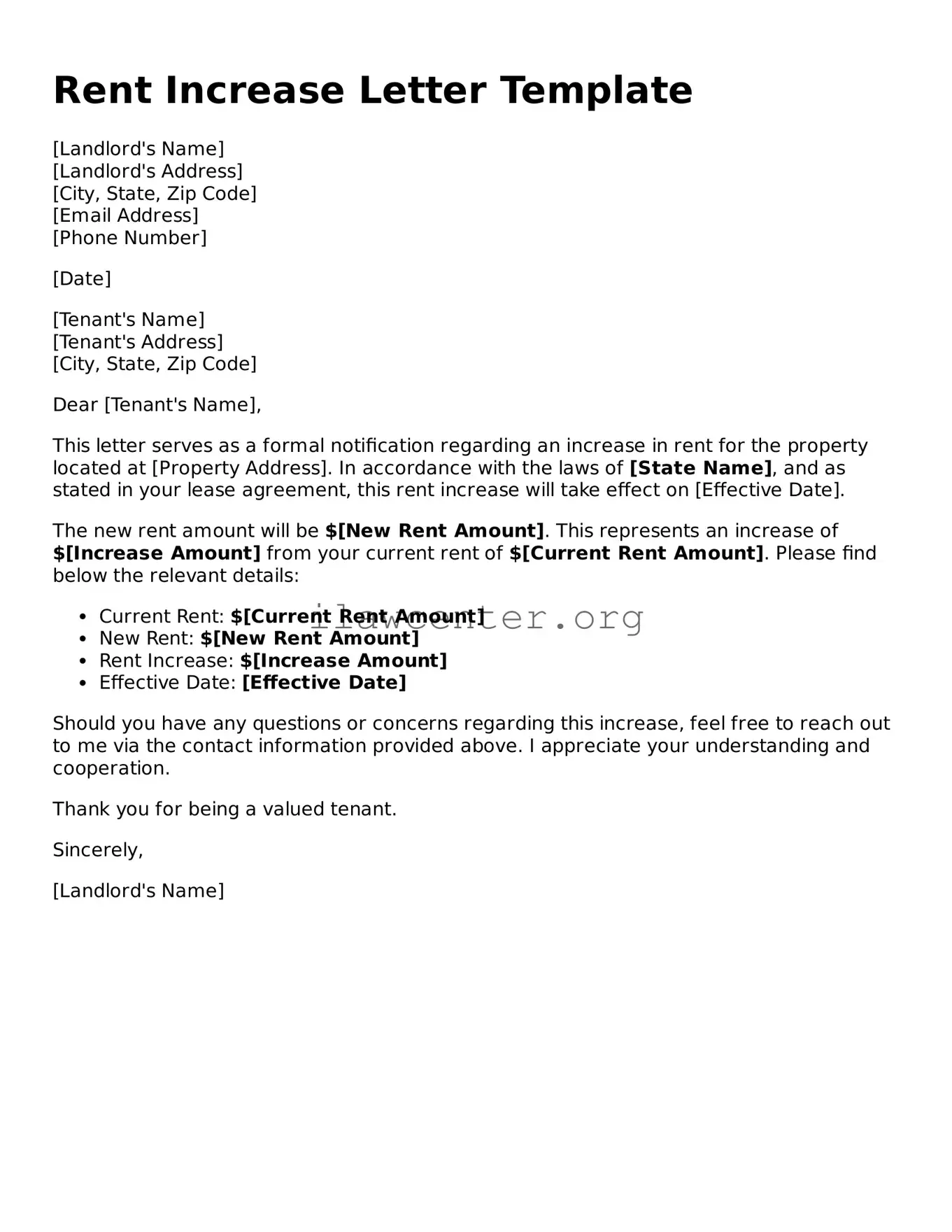 Fillable Rent Increase Letter Document