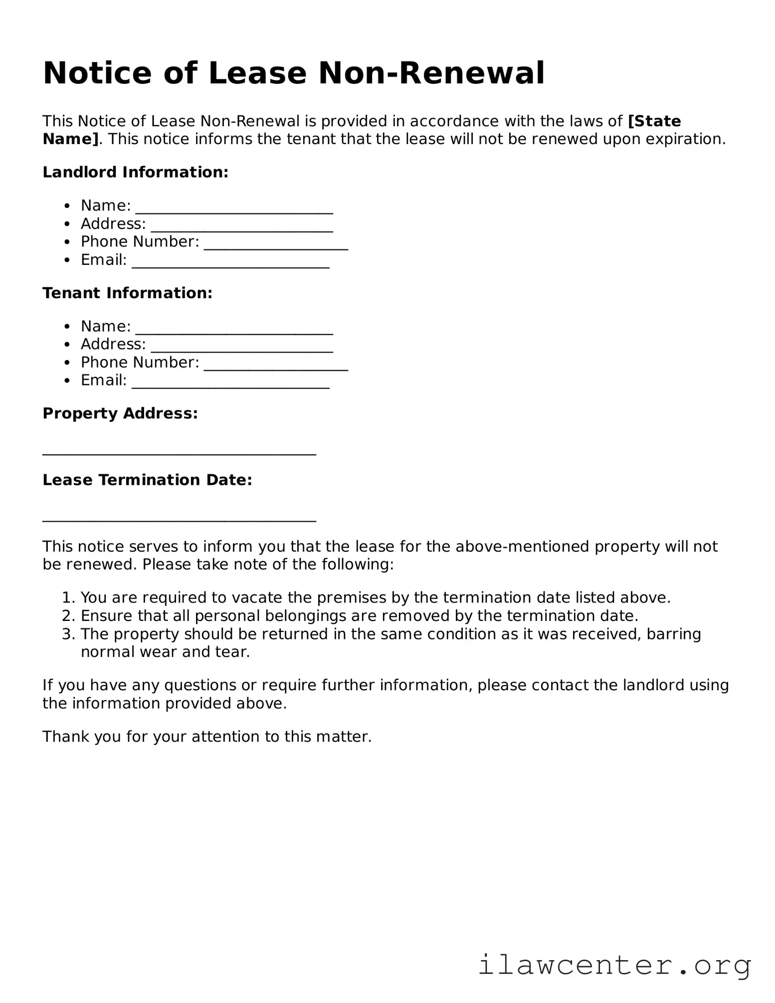 Fillable Notice of Lease Non-Renewal Document