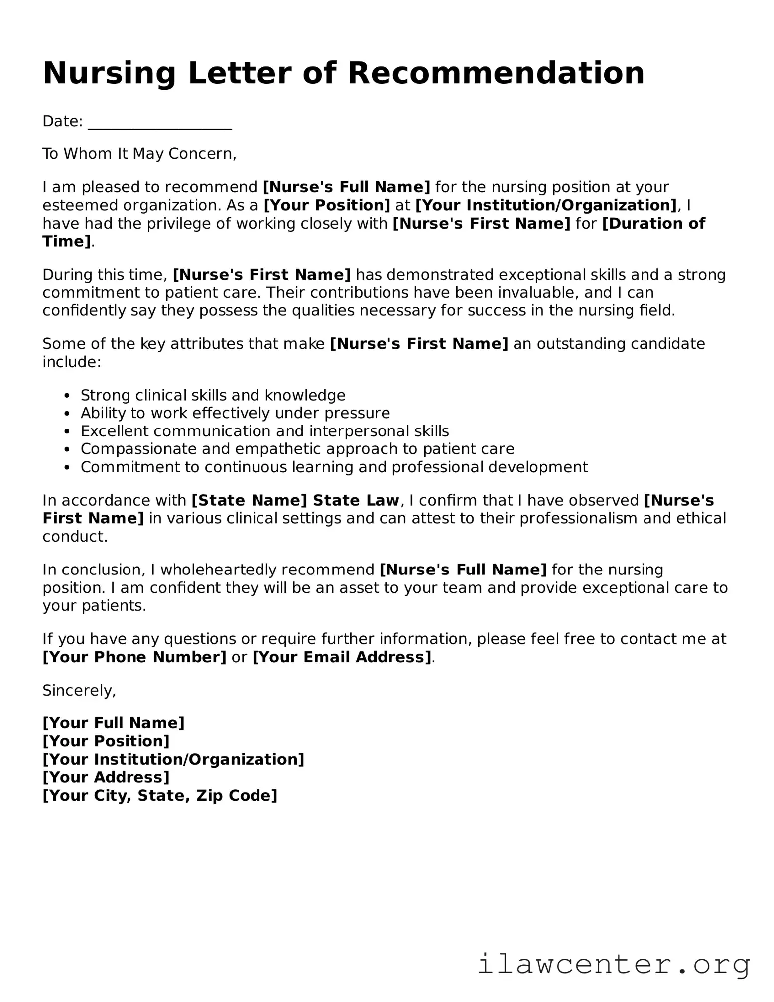 Fillable Nursing Letter of Recommendation Document