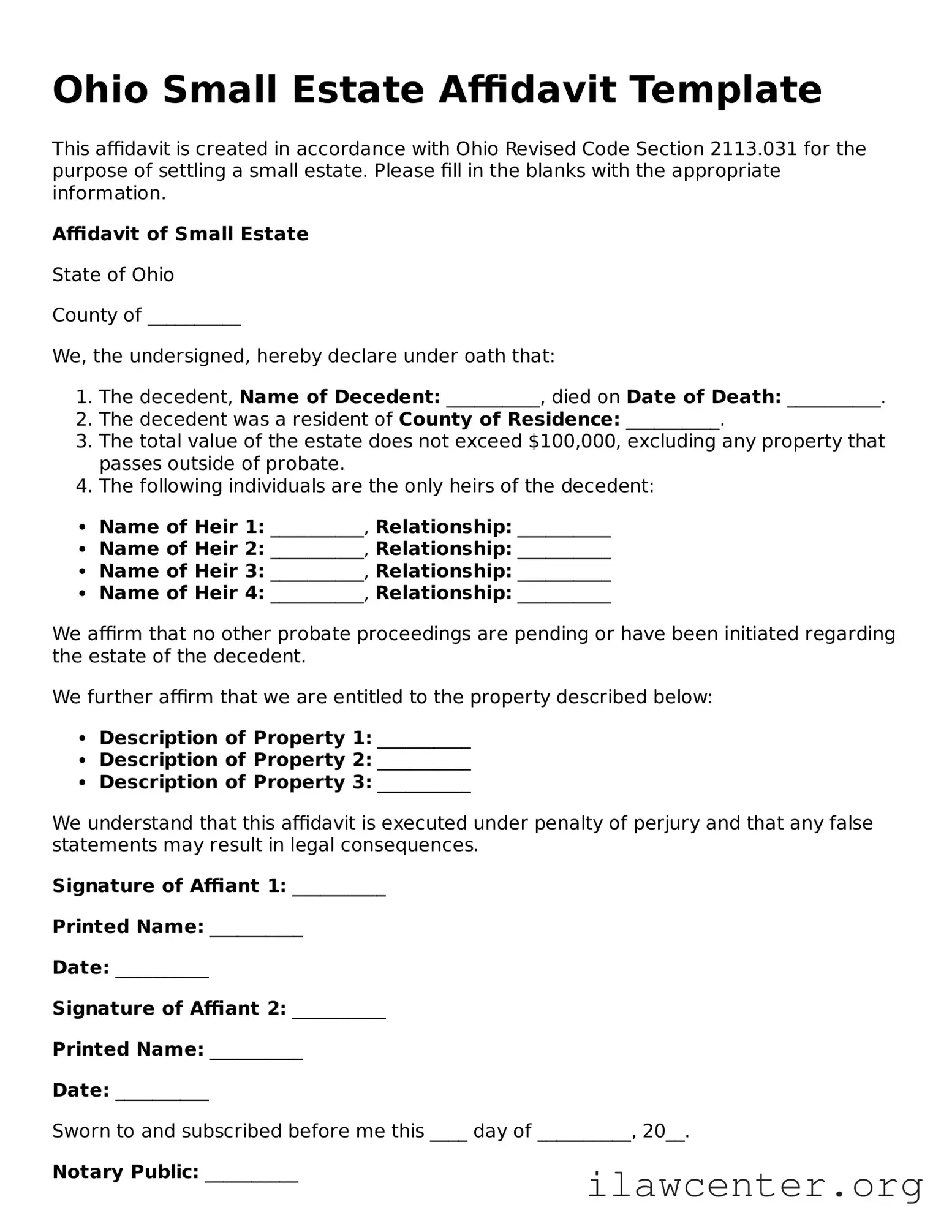 Attorney-Verified  Small Estate Affidavit Document for Ohio