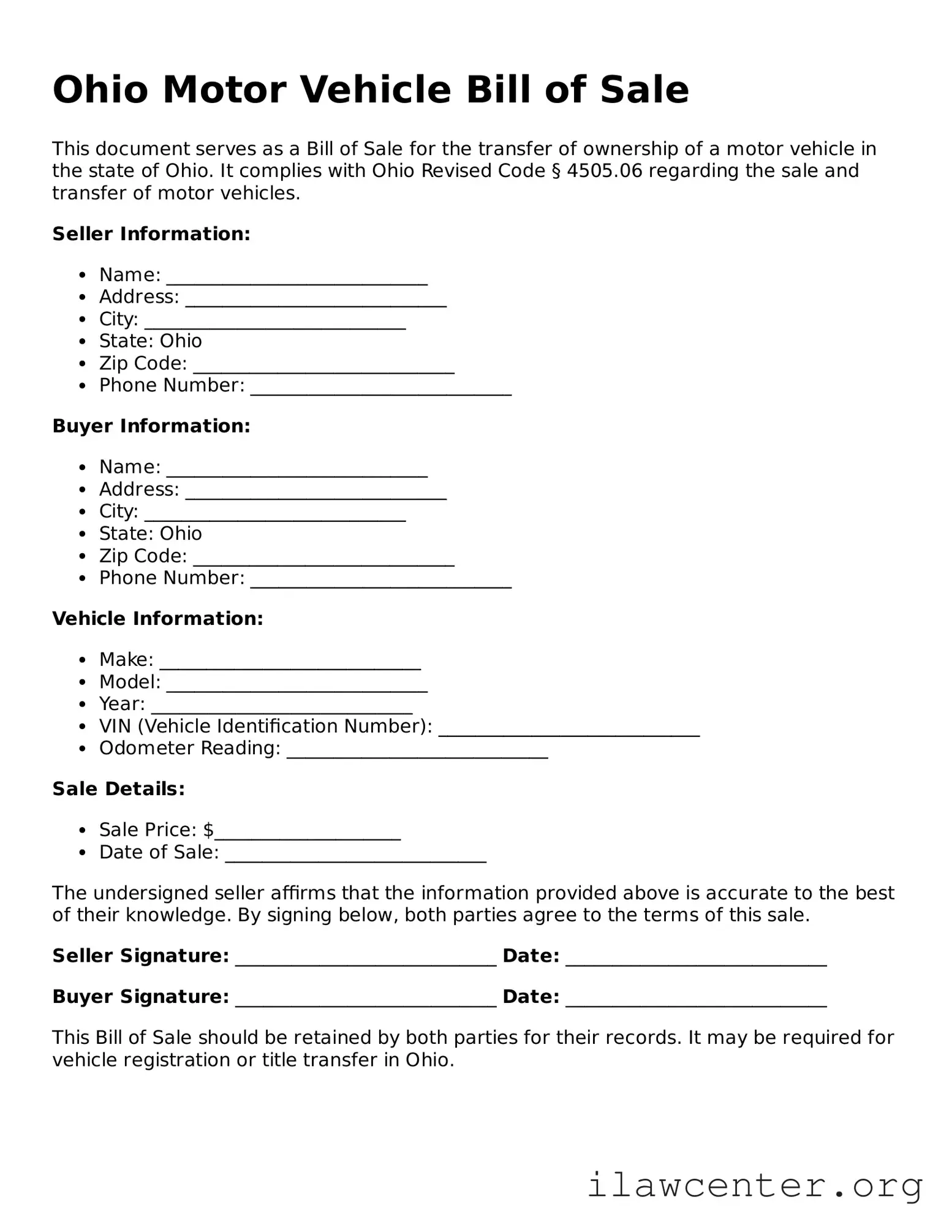 Attorney-Verified  Motor Vehicle Bill of Sale Document for Ohio