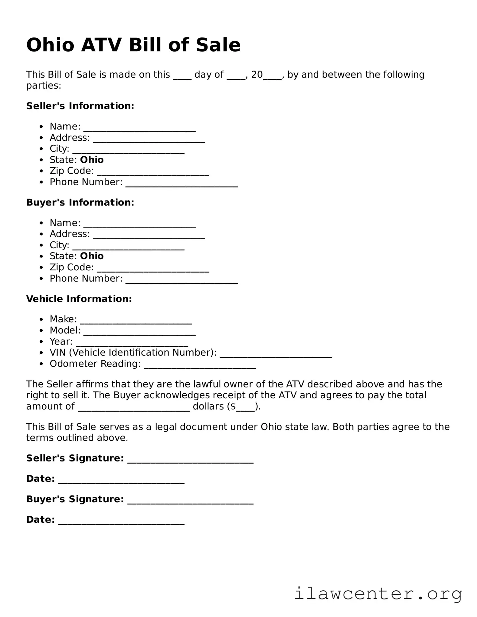 Attorney-Verified  ATV Bill of Sale Document for Ohio