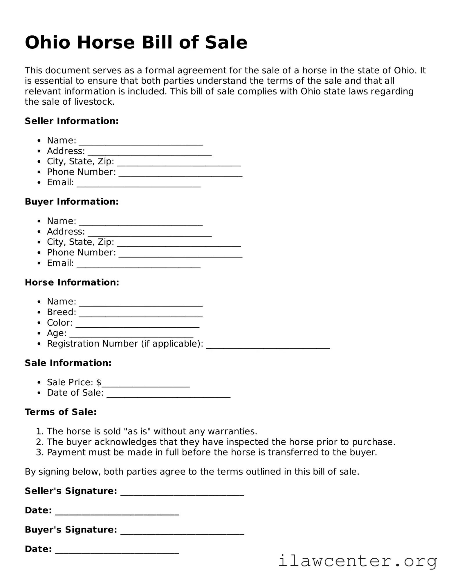 Attorney-Verified  Horse Bill of Sale Document for Ohio